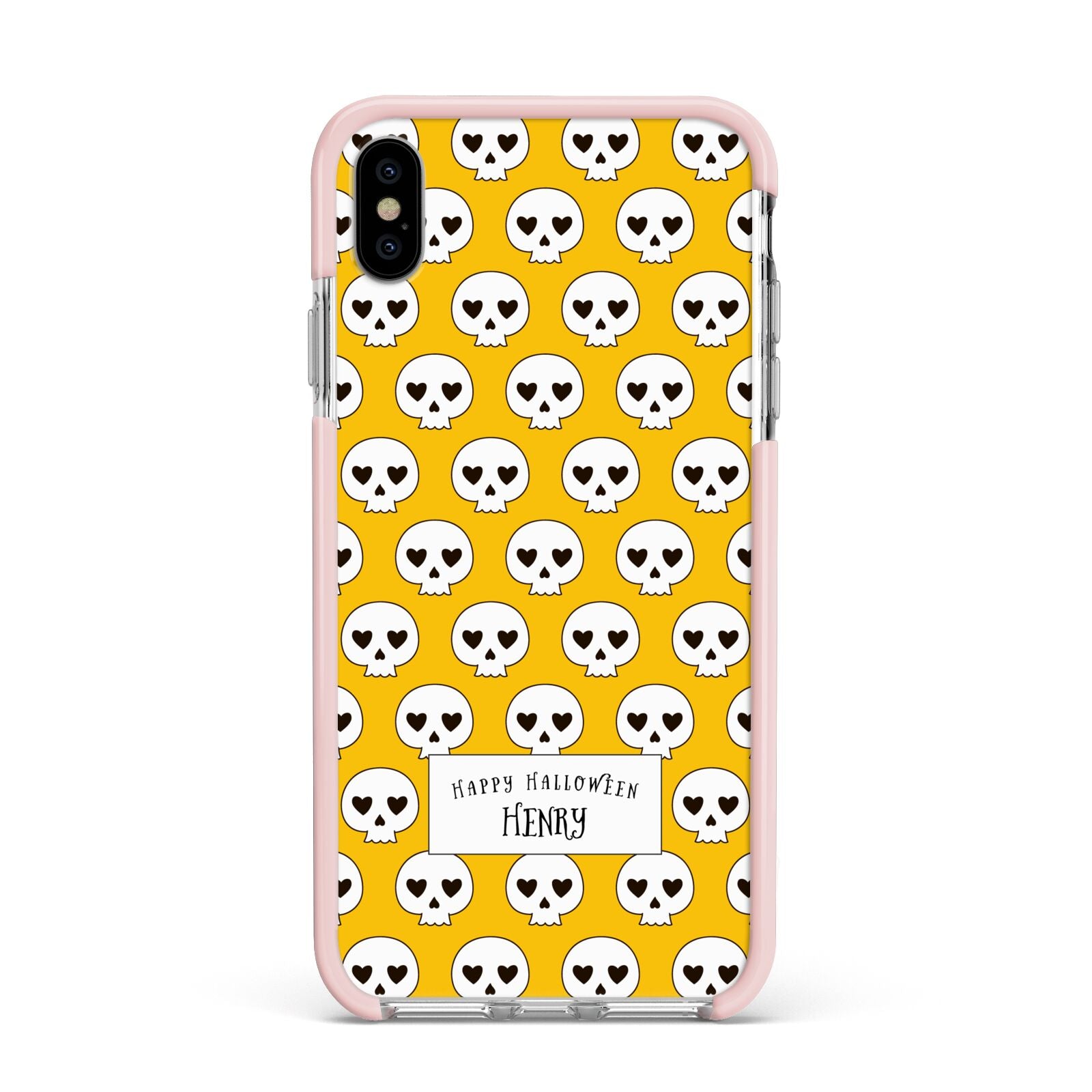 Personalised Halloween Heart Skulls Apple iPhone Xs Max Impact Case Pink Edge on Silver Phone