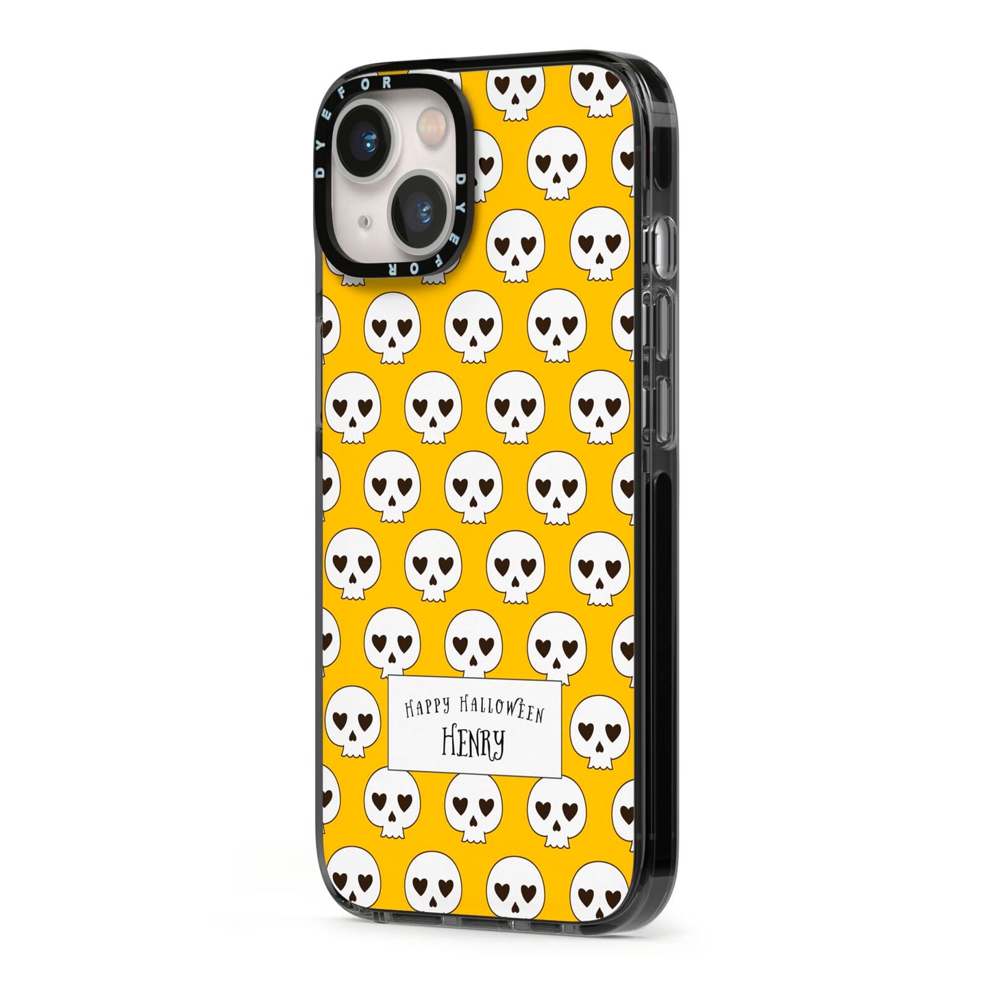 Personalised Halloween Heart Skulls iPhone 13 Black Impact Case Side Angle on Silver phone