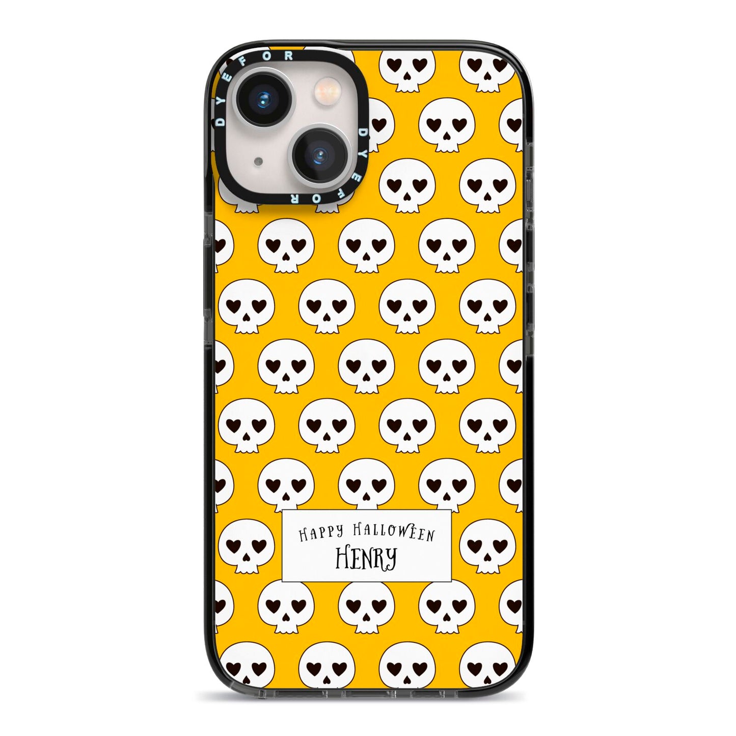 Personalised Halloween Heart Skulls iPhone 13 Black Impact Case on Silver phone