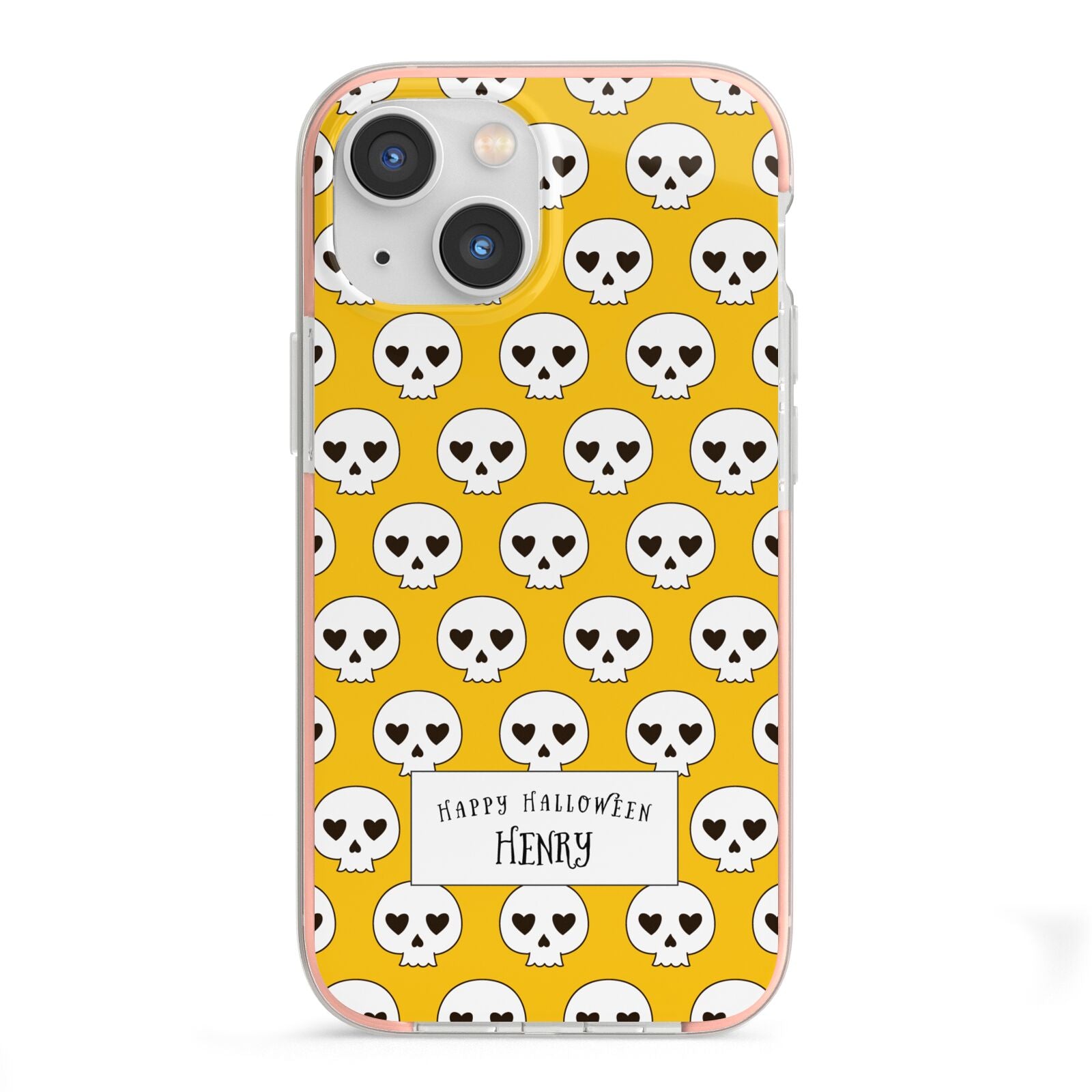 Personalised Halloween Heart Skulls iPhone 13 Mini TPU Impact Case with Pink Edges