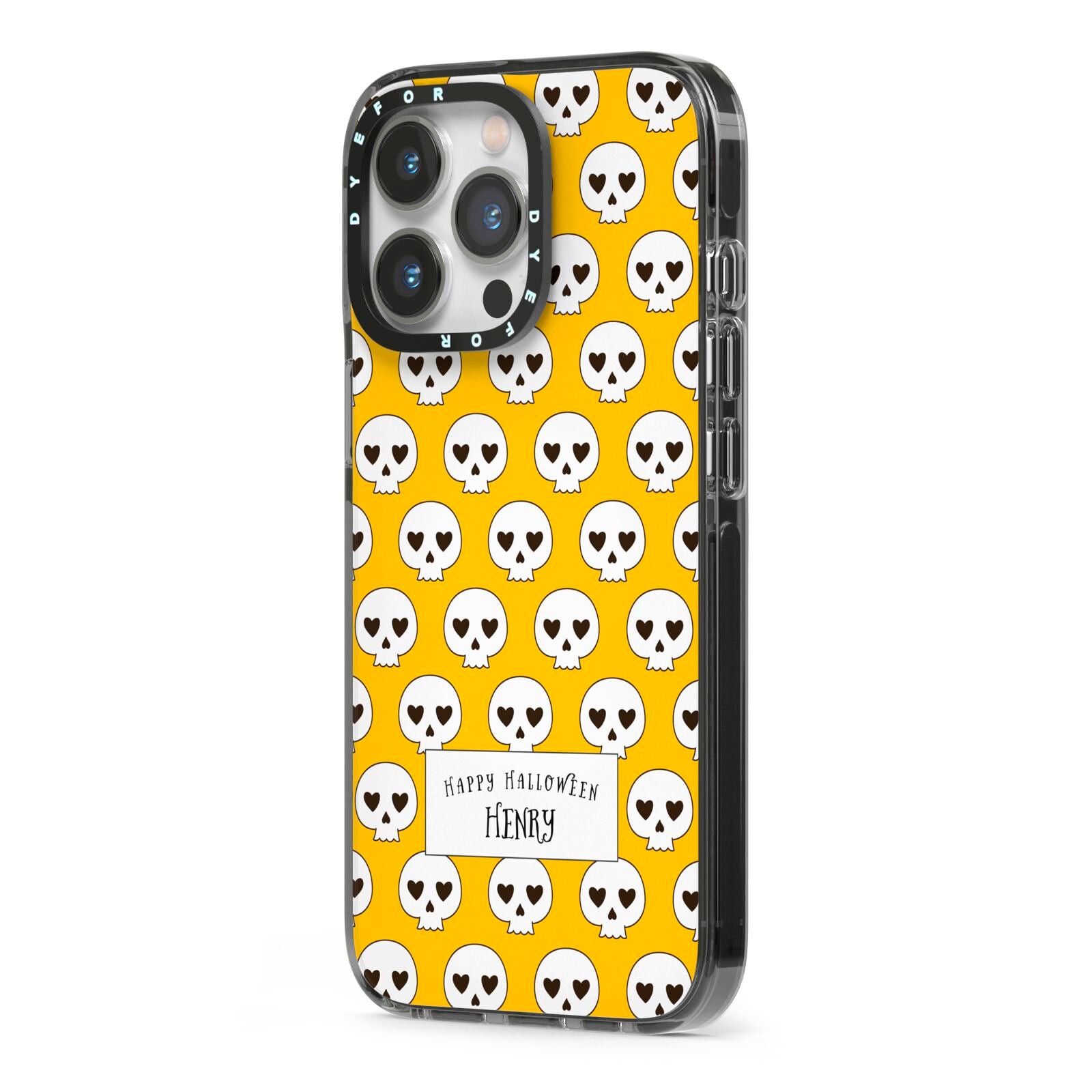 Personalised Halloween Heart Skulls iPhone 13 Pro Black Impact Case Side Angle on Silver phone