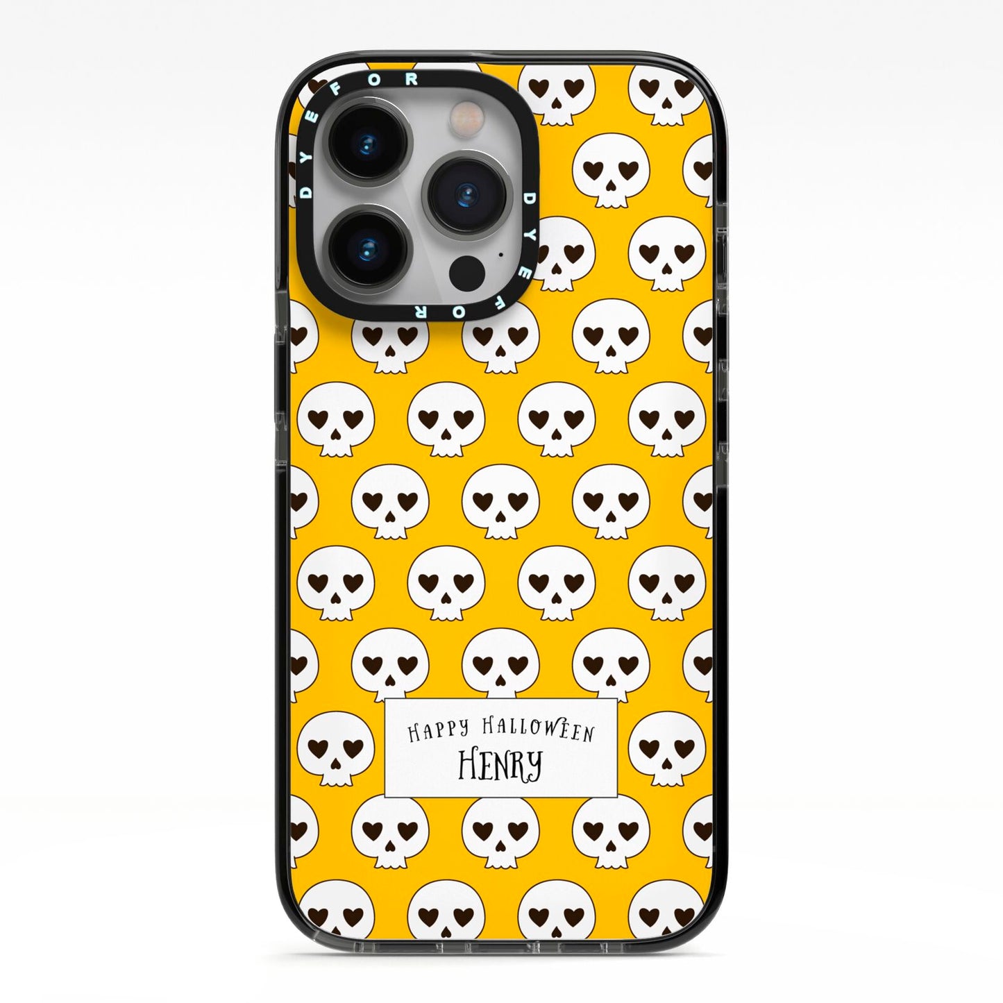 Personalised Halloween Heart Skulls iPhone 13 Pro Black Impact Case on Silver phone