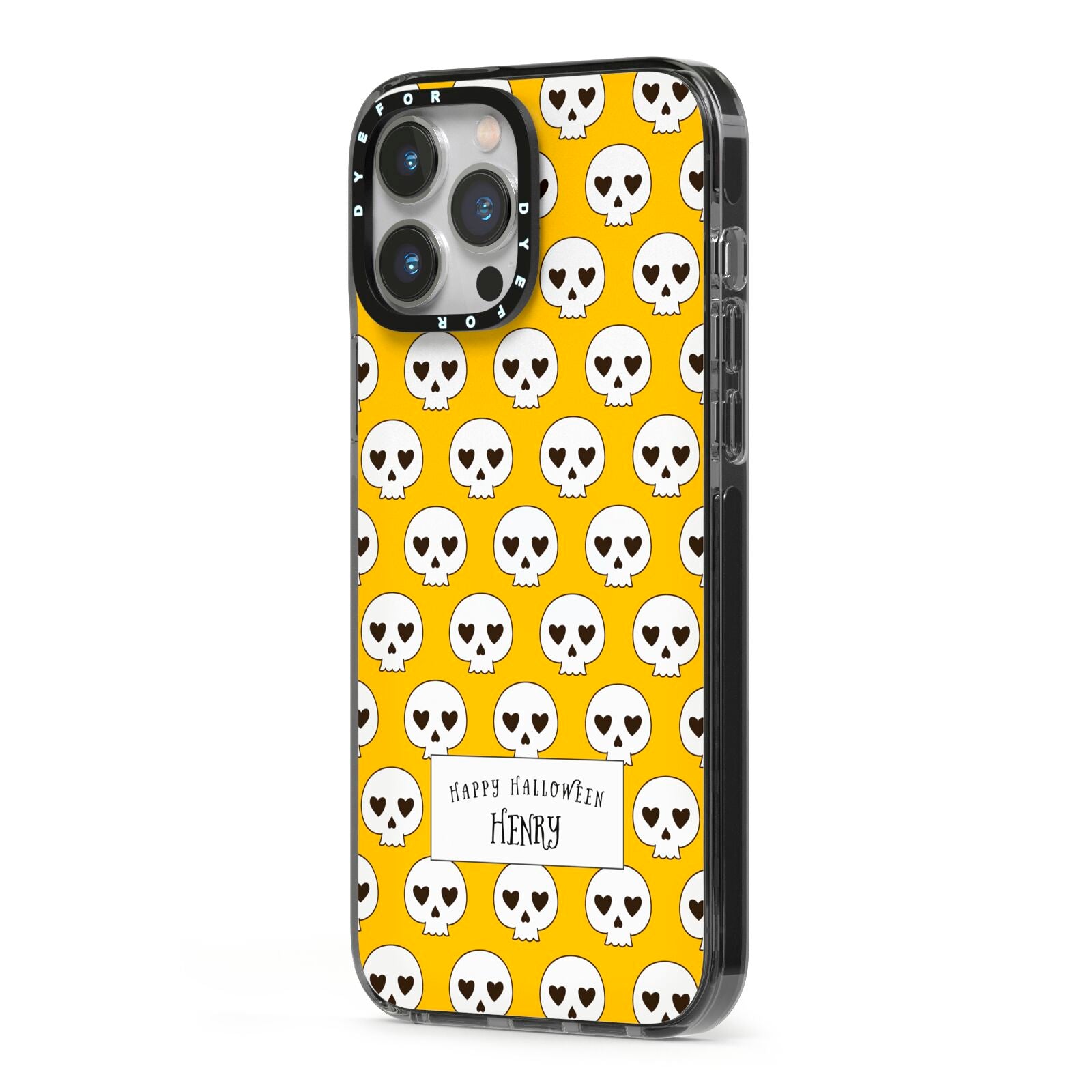 Personalised Halloween Heart Skulls iPhone 13 Pro Max Black Impact Case Side Angle on Silver phone