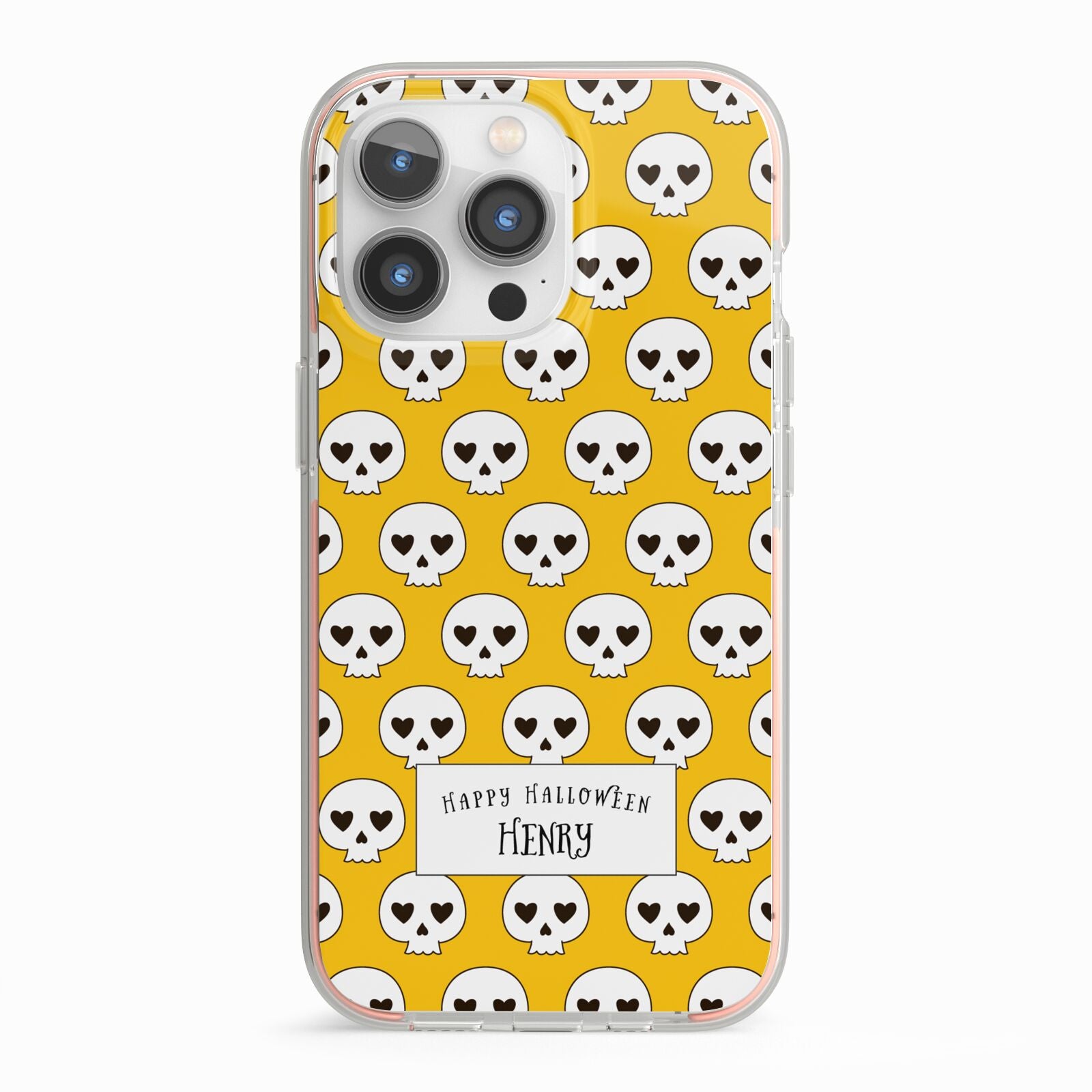Personalised Halloween Heart Skulls iPhone 13 Pro TPU Impact Case with Pink Edges