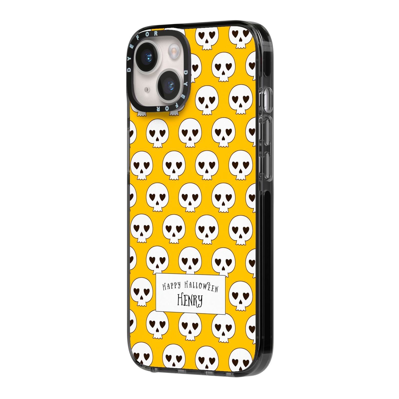 Personalised Halloween Heart Skulls iPhone 14 Black Impact Case Side Angle on Silver phone
