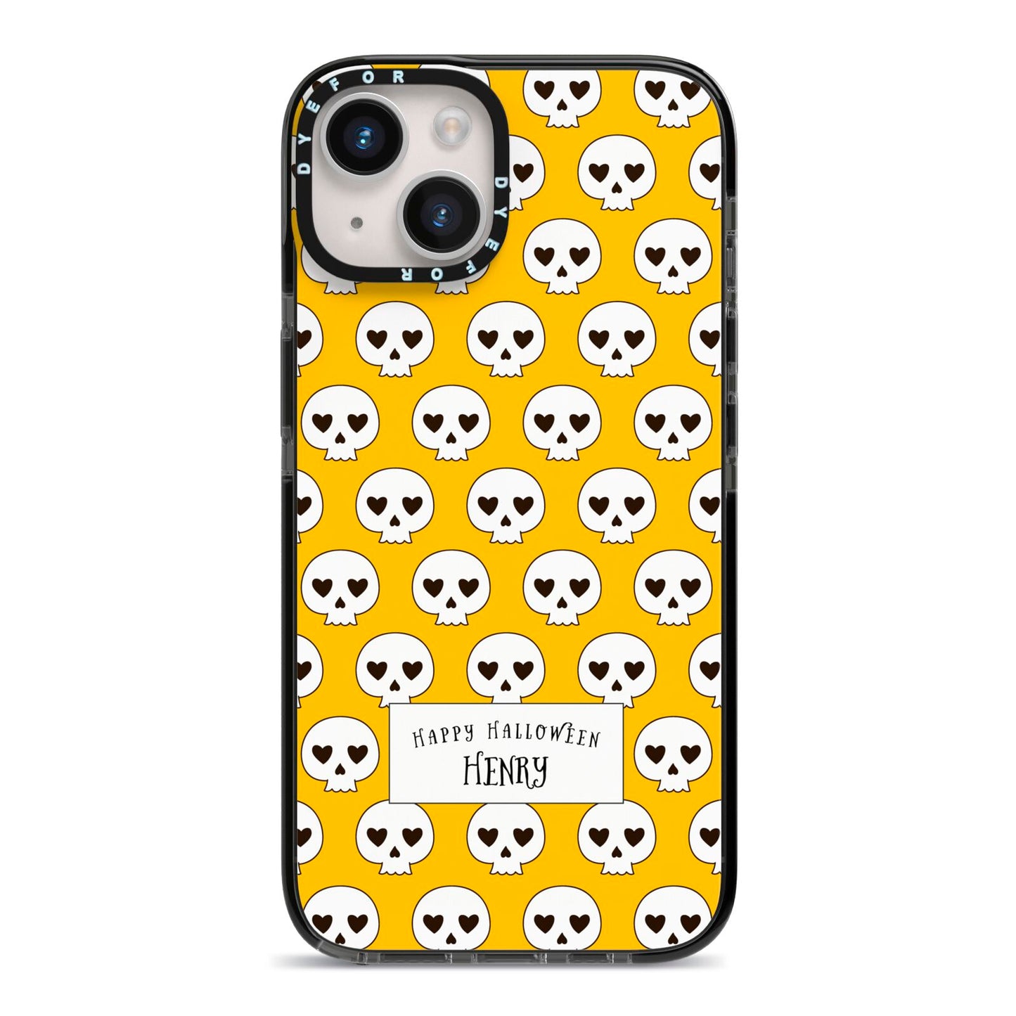 Personalised Halloween Heart Skulls iPhone 14 Black Impact Case on Silver phone