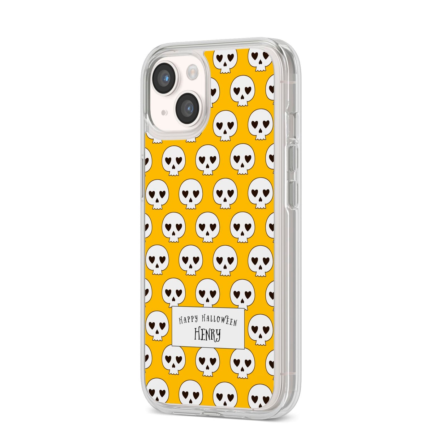 Personalised Halloween Heart Skulls iPhone 14 Clear Tough Case Starlight Angled Image