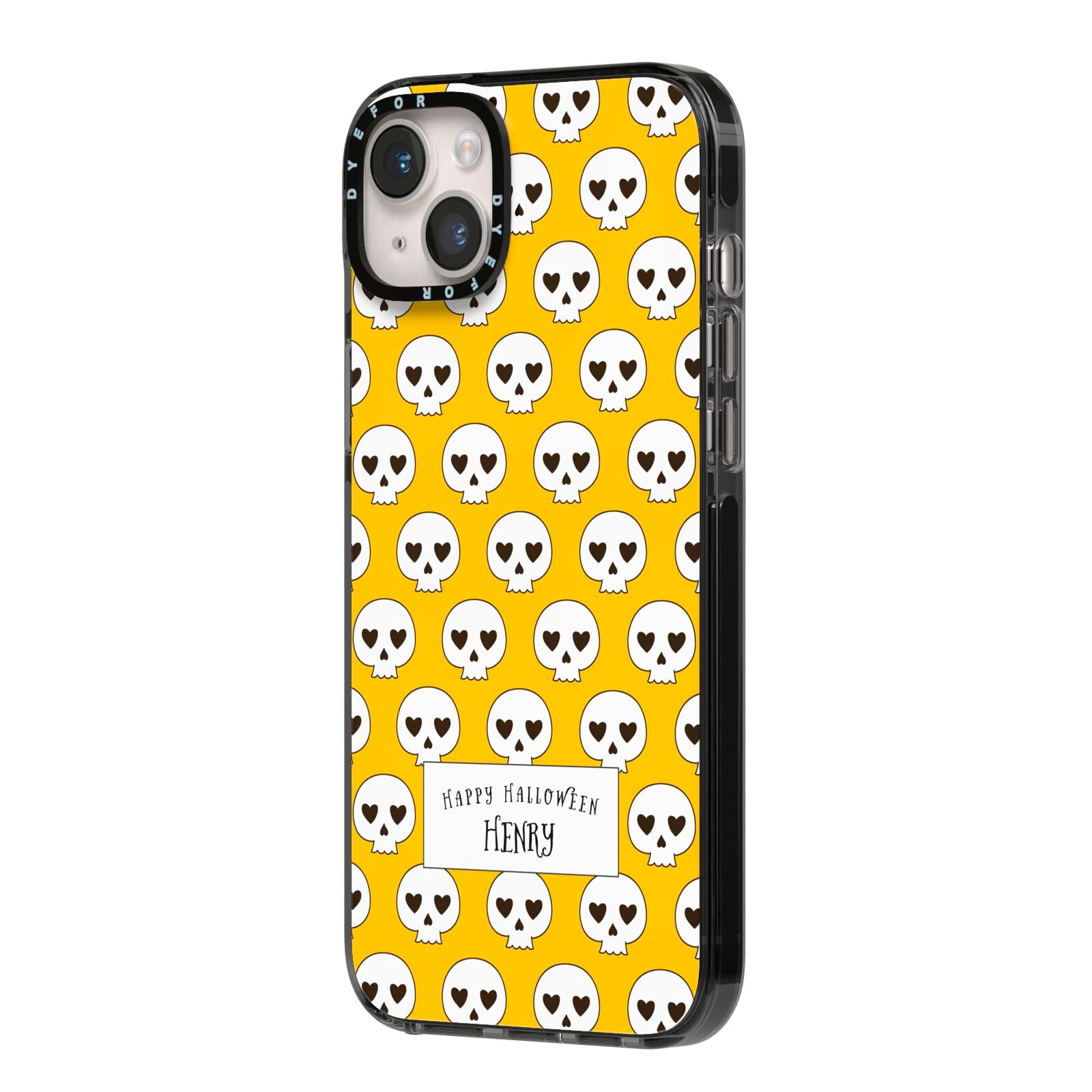 Personalised Halloween Heart Skulls iPhone 14 Plus Black Impact Case Side Angle on Silver phone