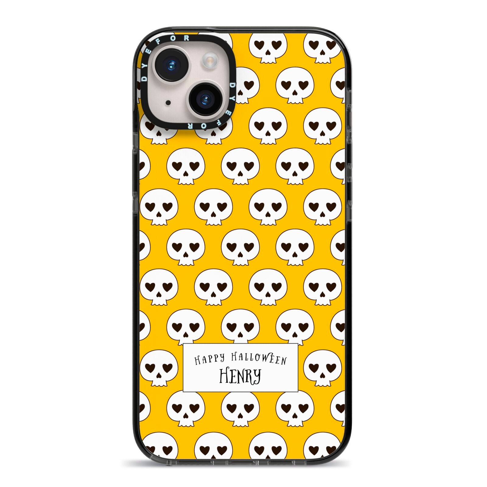 Personalised Halloween Heart Skulls iPhone 14 Plus Black Impact Case on Silver phone