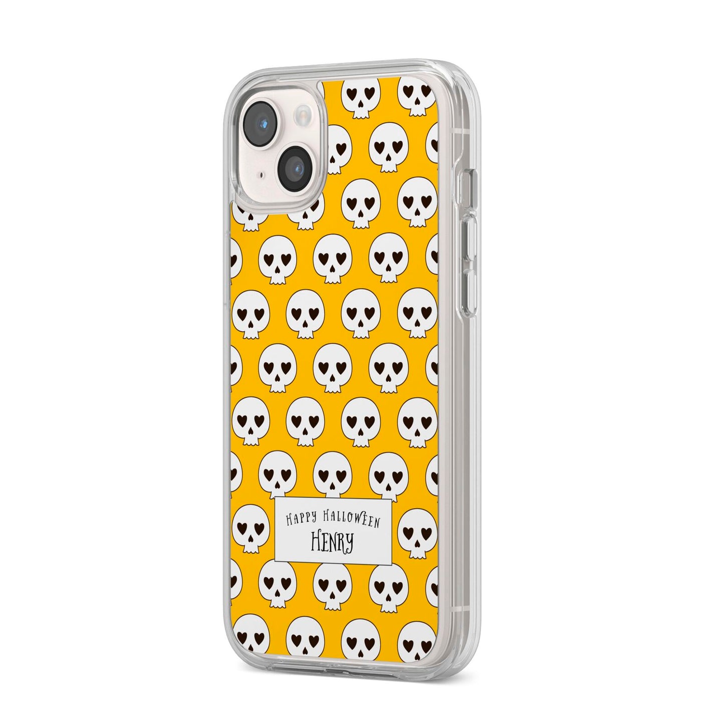 Personalised Halloween Heart Skulls iPhone 14 Plus Clear Tough Case Starlight Angled Image