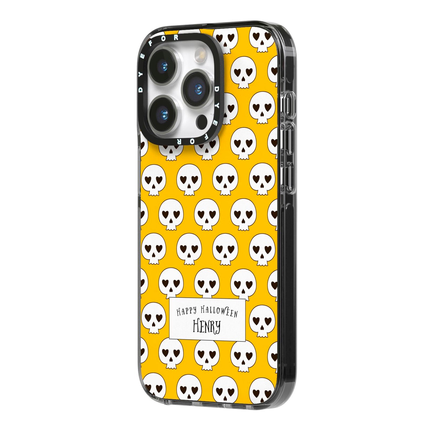 Personalised Halloween Heart Skulls iPhone 14 Pro Black Impact Case Side Angle on Silver phone