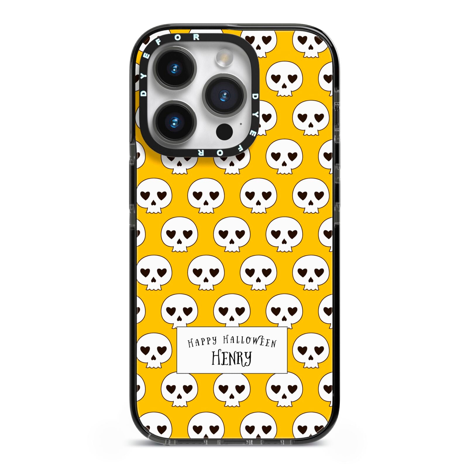 Personalised Halloween Heart Skulls iPhone 14 Pro Black Impact Case on Silver phone