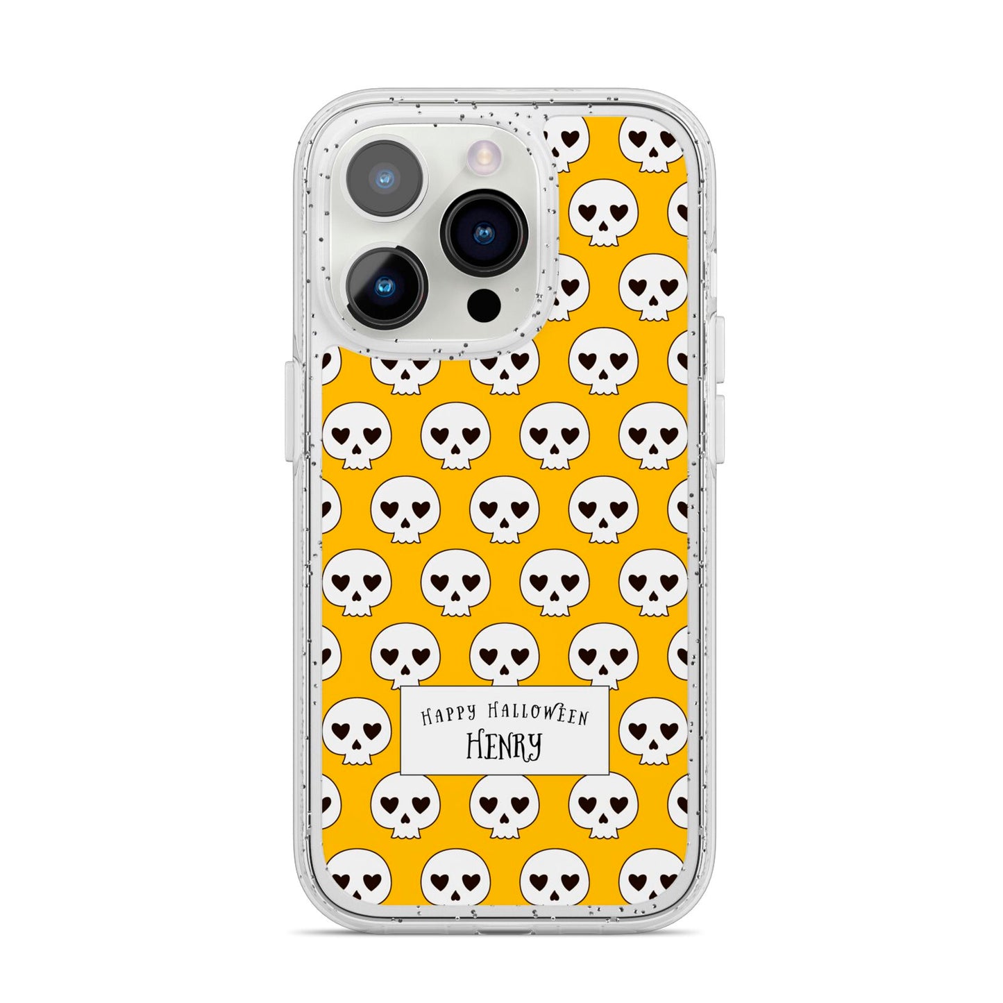 Personalised Halloween Heart Skulls iPhone 14 Pro Glitter Tough Case Silver
