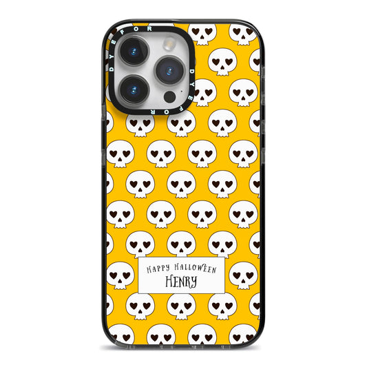 Personalised Halloween Heart Skulls iPhone 14 Pro Max Black Impact Case on Silver phone