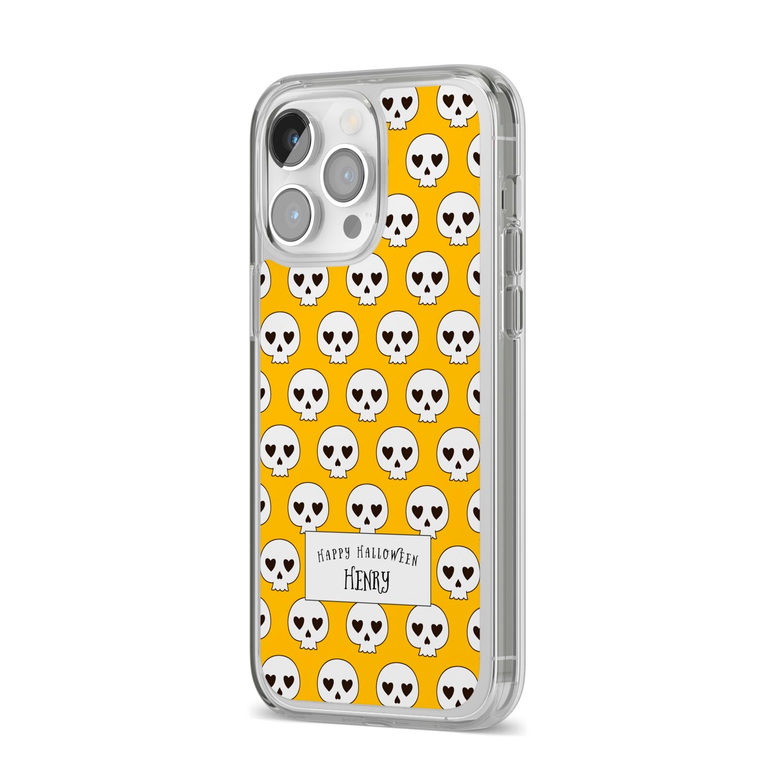 Personalised Halloween Heart Skulls iPhone 14 Pro Max Clear Tough Case Silver Angled Image