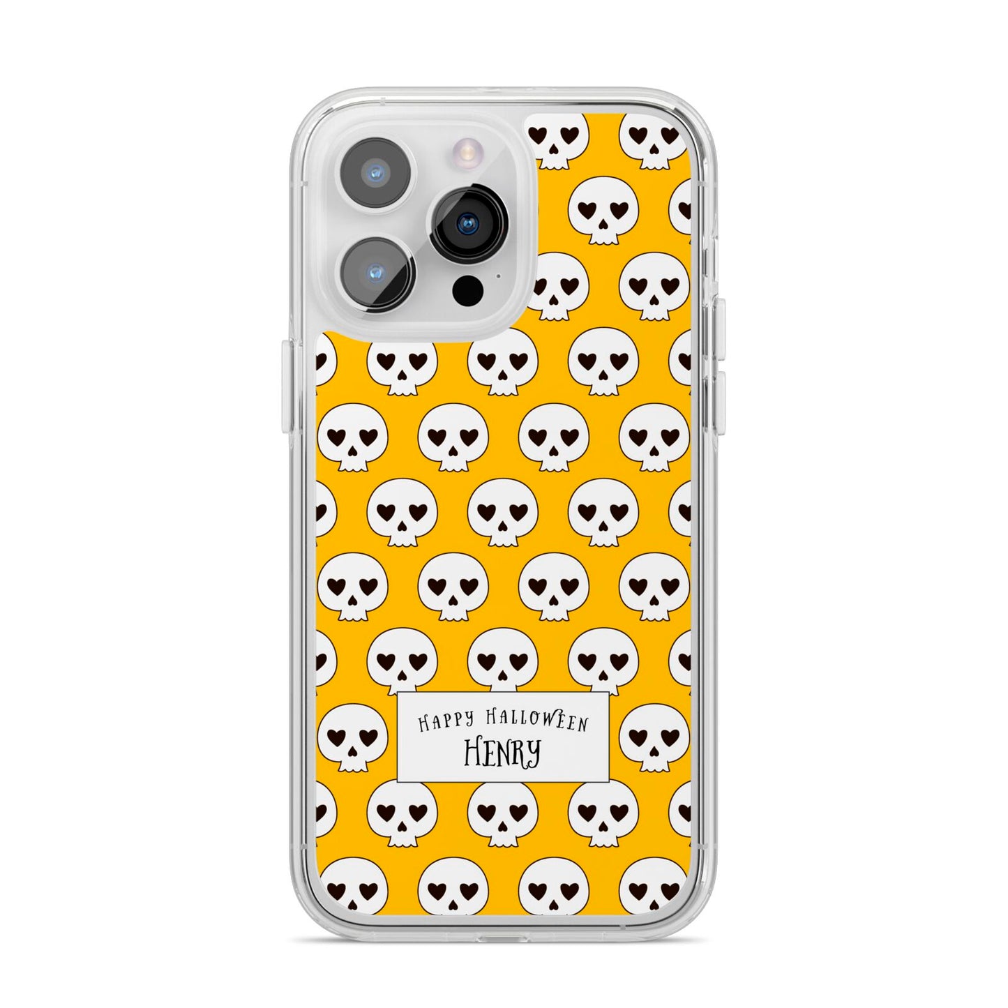 Personalised Halloween Heart Skulls iPhone 14 Pro Max Clear Tough Case Silver