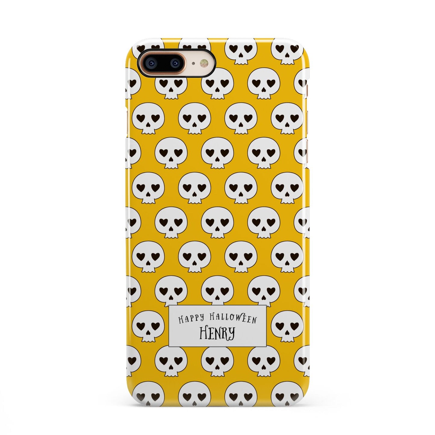 Personalised Halloween Heart Skulls iPhone 8 Plus 3D Snap Case on Gold Phone