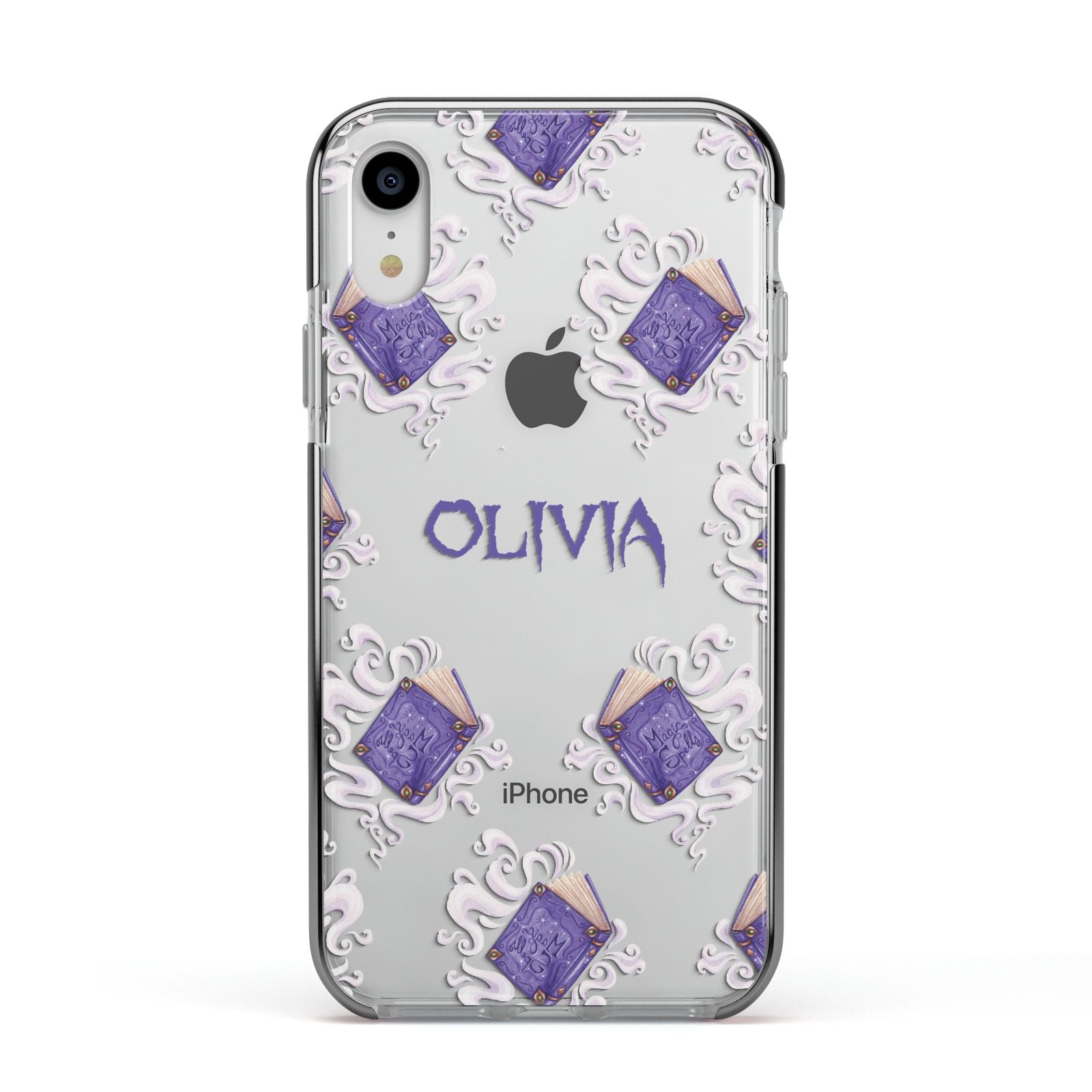 Personalised Halloween Magic Spell Apple iPhone XR Impact Case Black Edge on Silver Phone