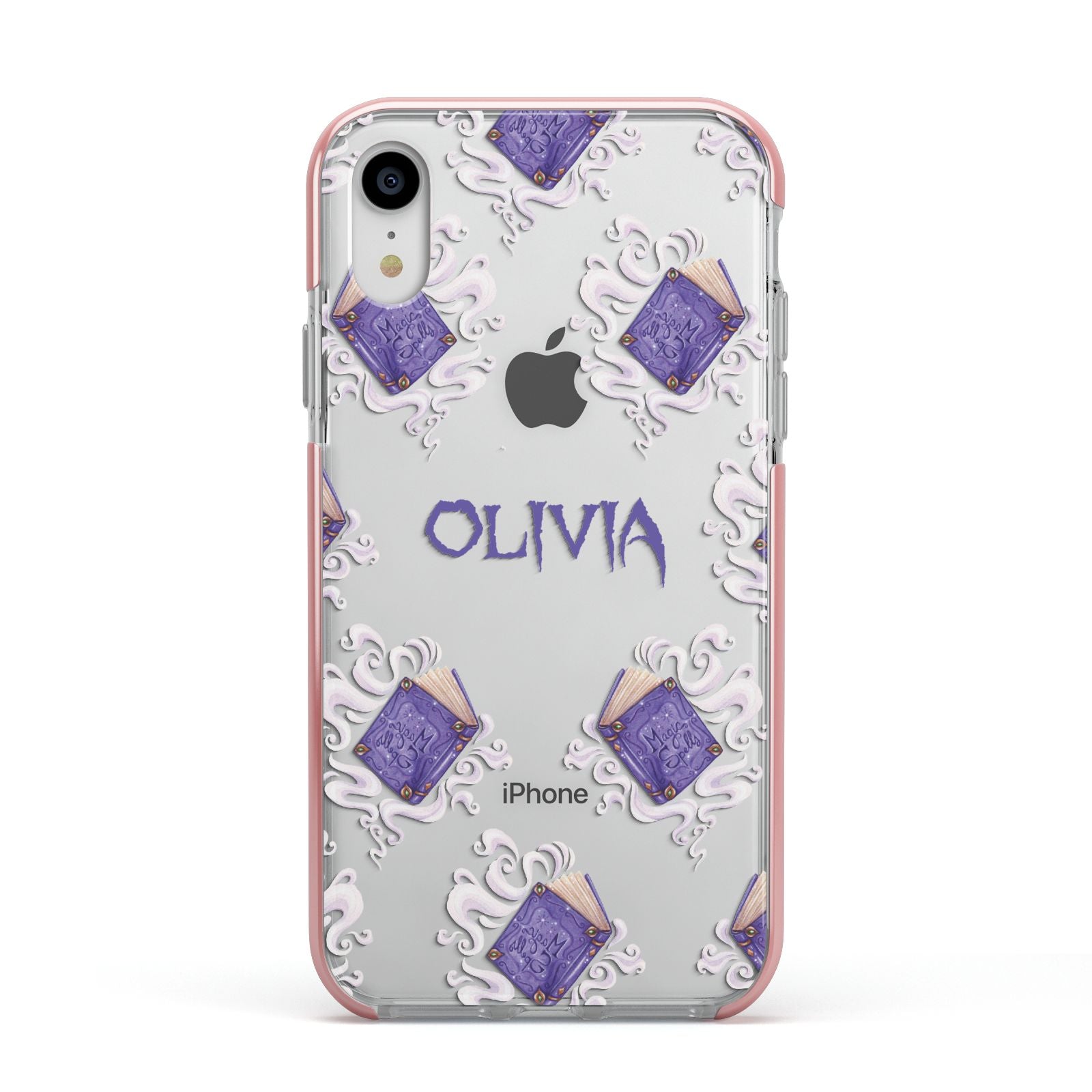 Personalised Halloween Magic Spell Apple iPhone XR Impact Case Pink Edge on Silver Phone