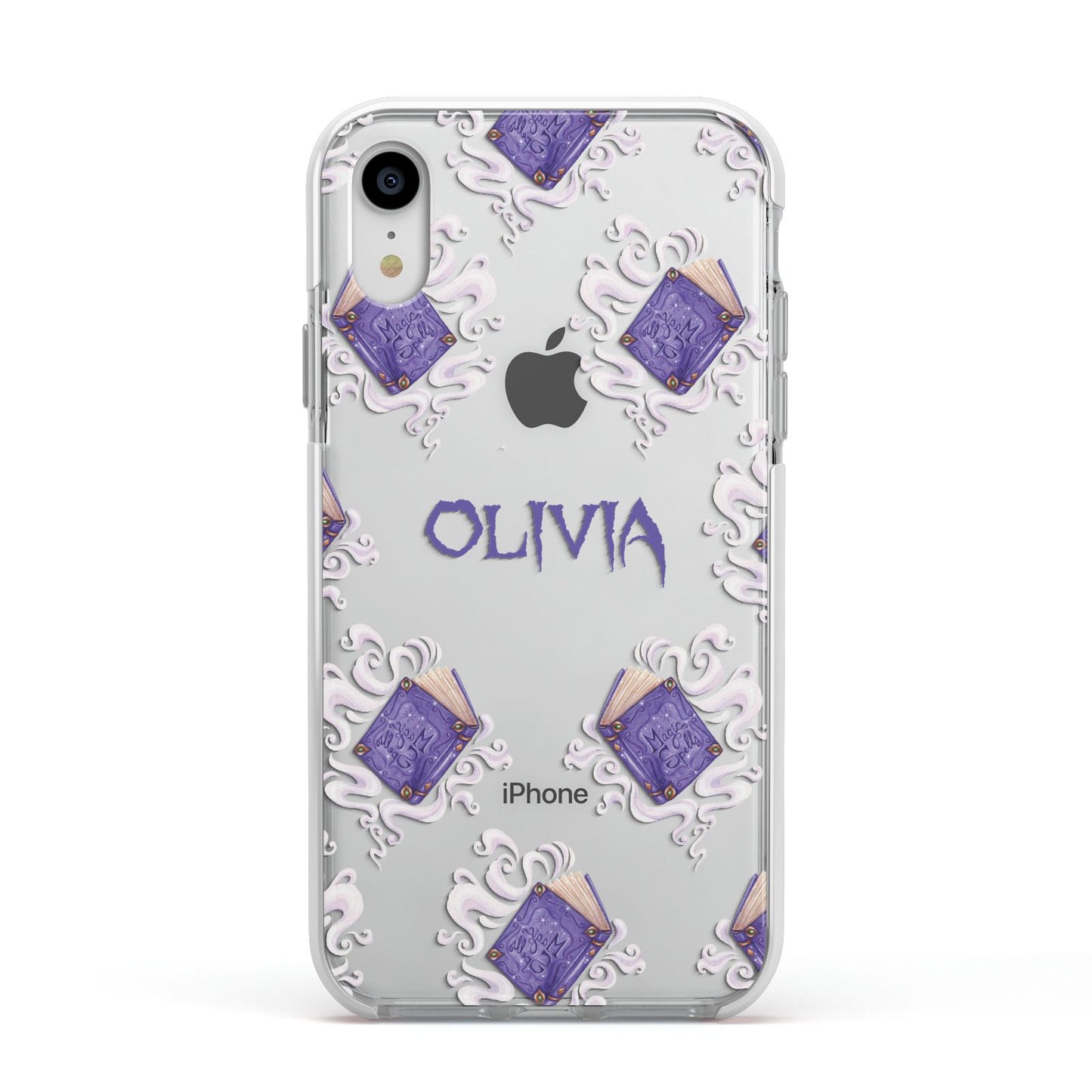 Personalised Halloween Magic Spell Apple iPhone XR Impact Case White Edge on Silver Phone