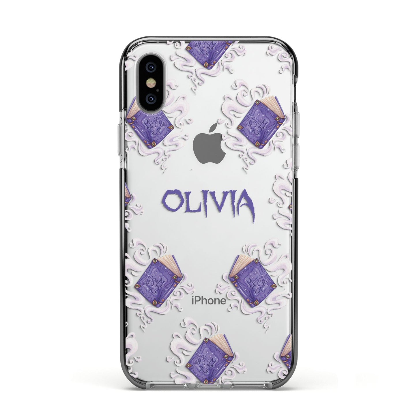 Personalised Halloween Magic Spell Apple iPhone Xs Impact Case Black Edge on Silver Phone