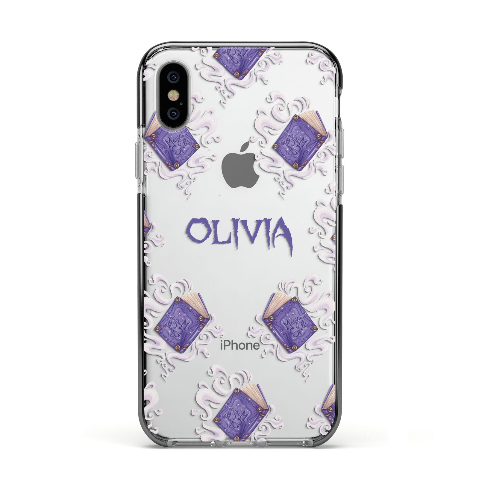 Personalised Halloween Magic Spell Apple iPhone Xs Impact Case Black Edge on Silver Phone