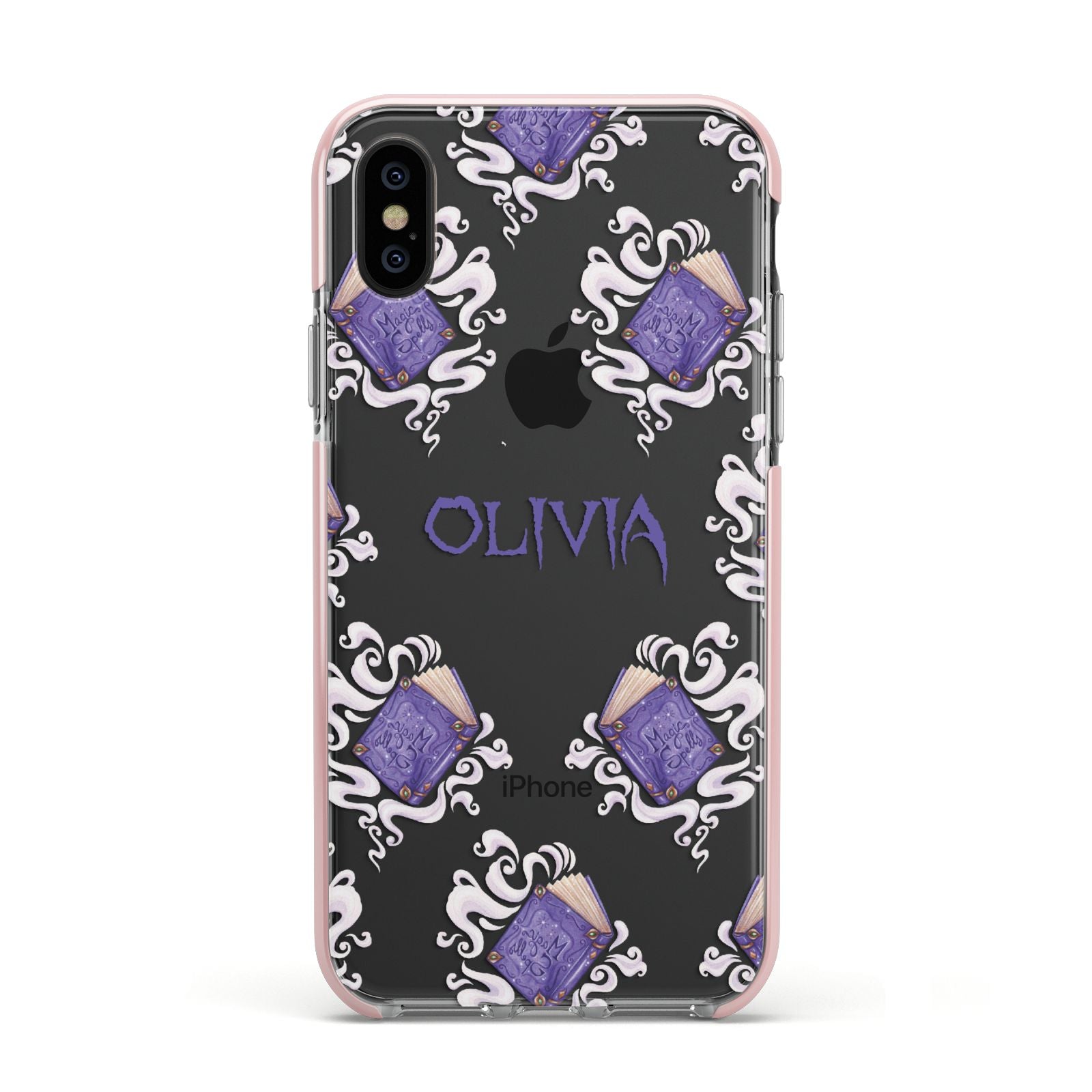 Personalised Halloween Magic Spell Apple iPhone Xs Impact Case Pink Edge on Black Phone