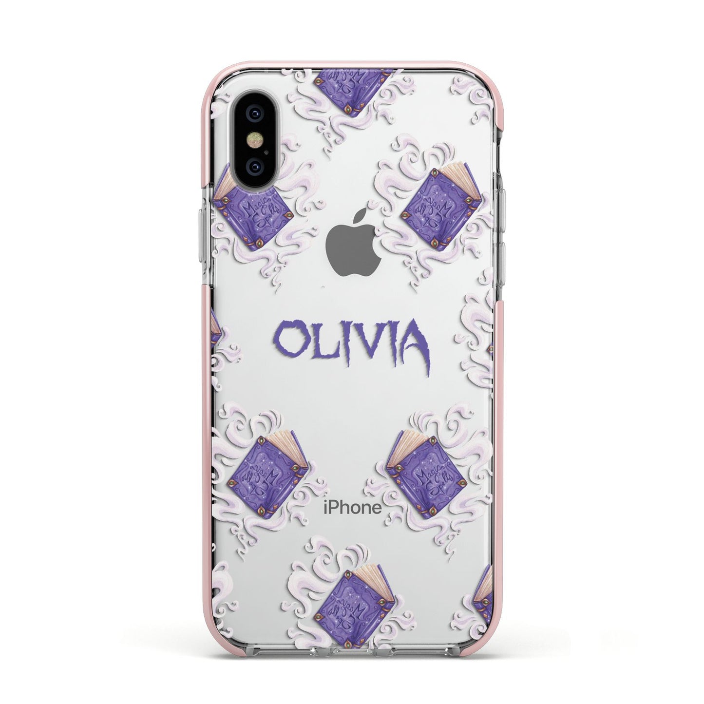 Personalised Halloween Magic Spell Apple iPhone Xs Impact Case Pink Edge on Silver Phone