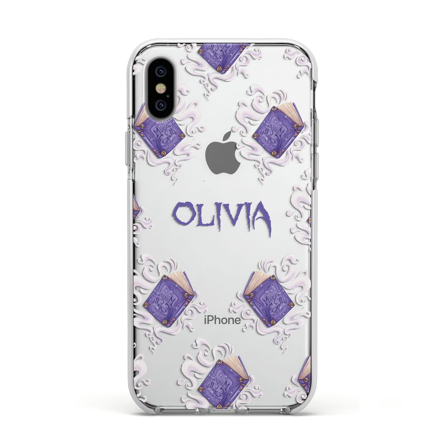 Personalised Halloween Magic Spell Apple iPhone Xs Impact Case White Edge on Silver Phone