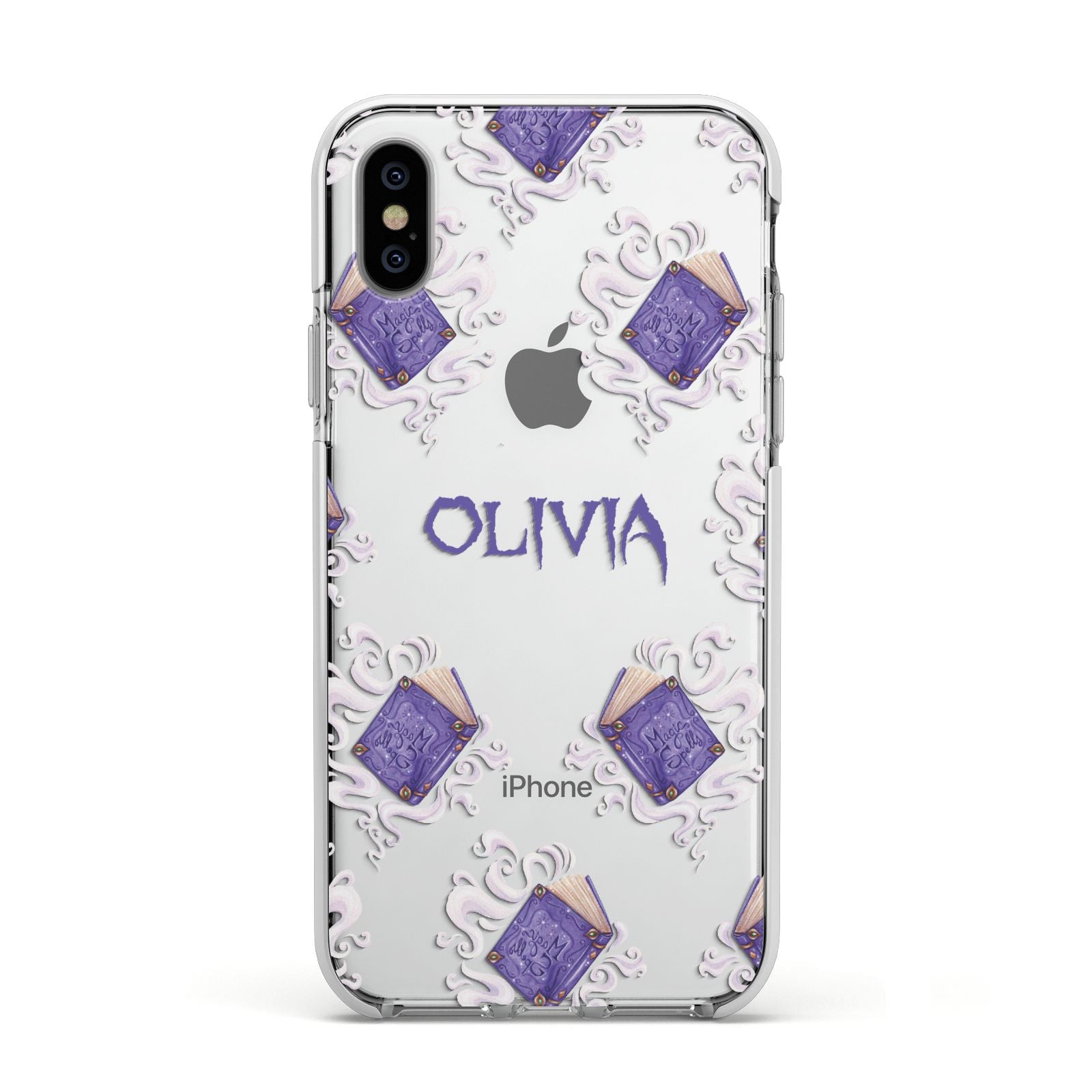 Personalised Halloween Magic Spell Apple iPhone Xs Impact Case White Edge on Silver Phone