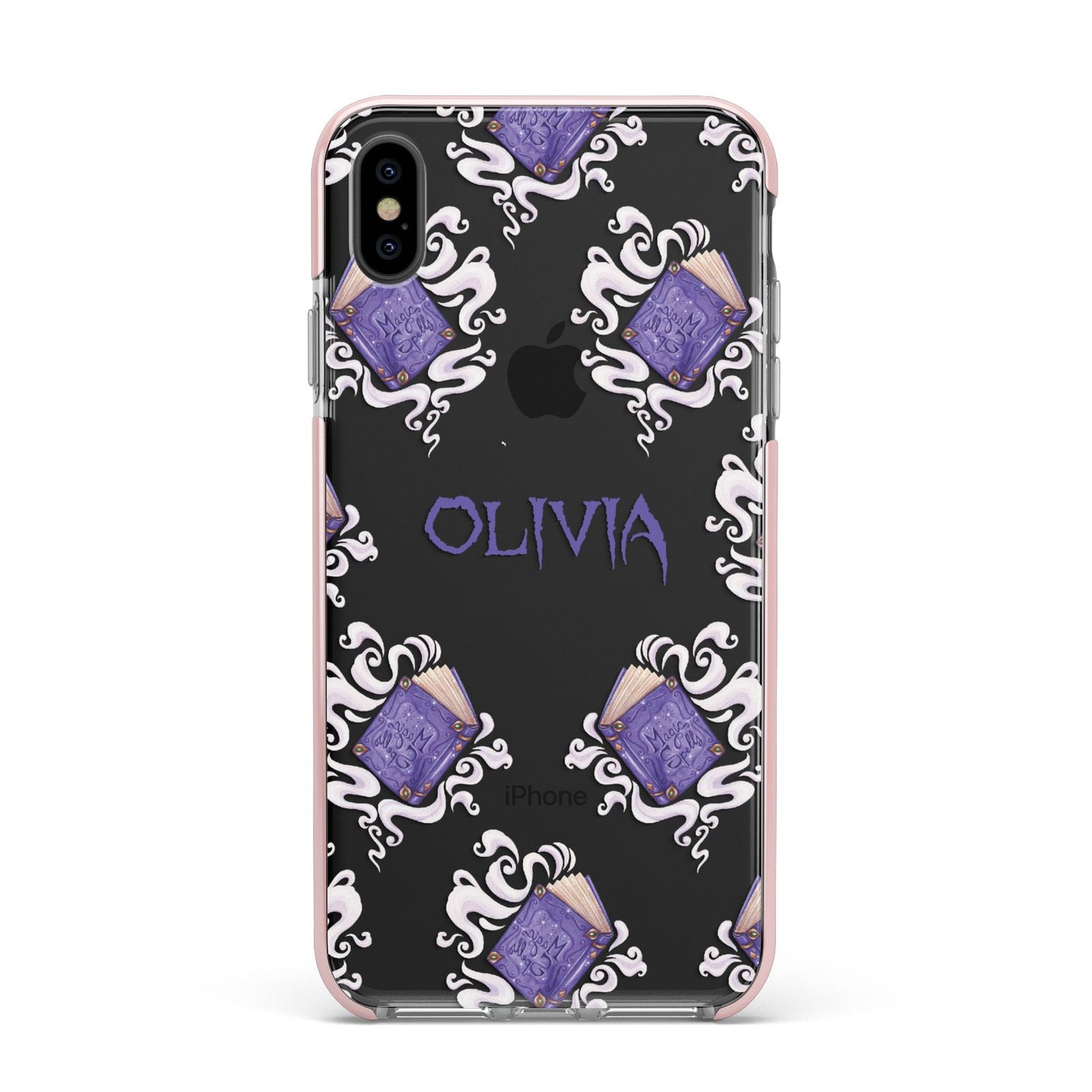 Personalised Halloween Magic Spell Apple iPhone Xs Max Impact Case Pink Edge on Black Phone
