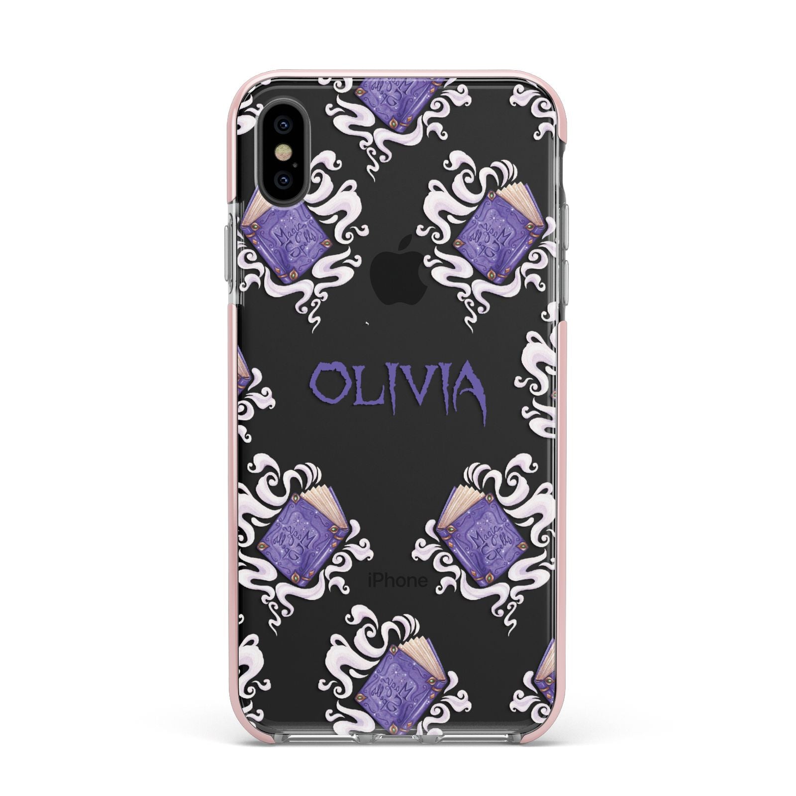 Personalised Halloween Magic Spell Apple iPhone Xs Max Impact Case Pink Edge on Black Phone