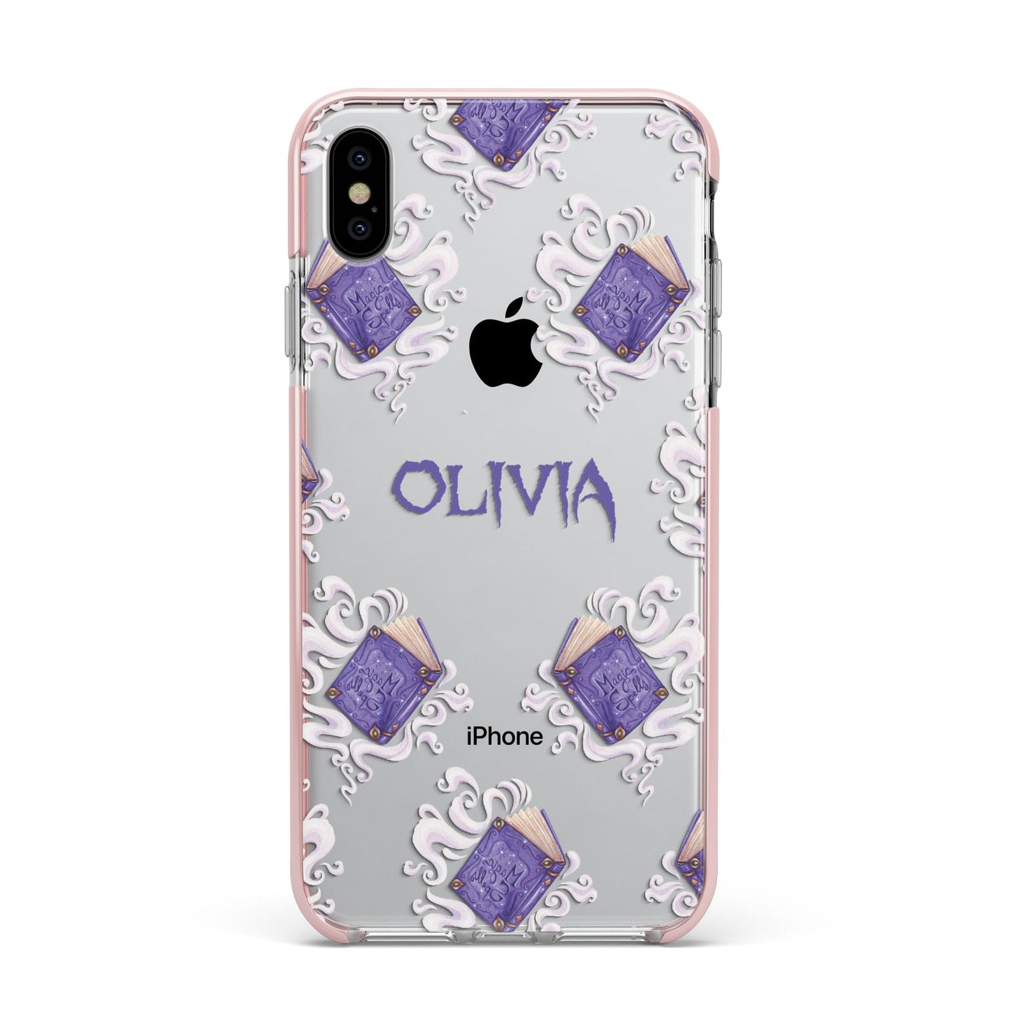 Personalised Halloween Magic Spell Apple iPhone Xs Max Impact Case Pink Edge on Silver Phone