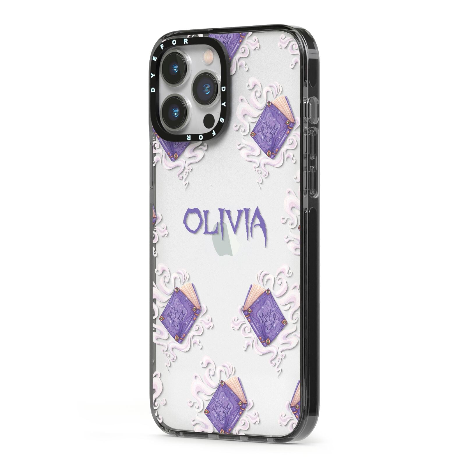 Personalised Halloween Magic Spell iPhone 13 Pro Max Black Impact Case Side Angle on Silver phone