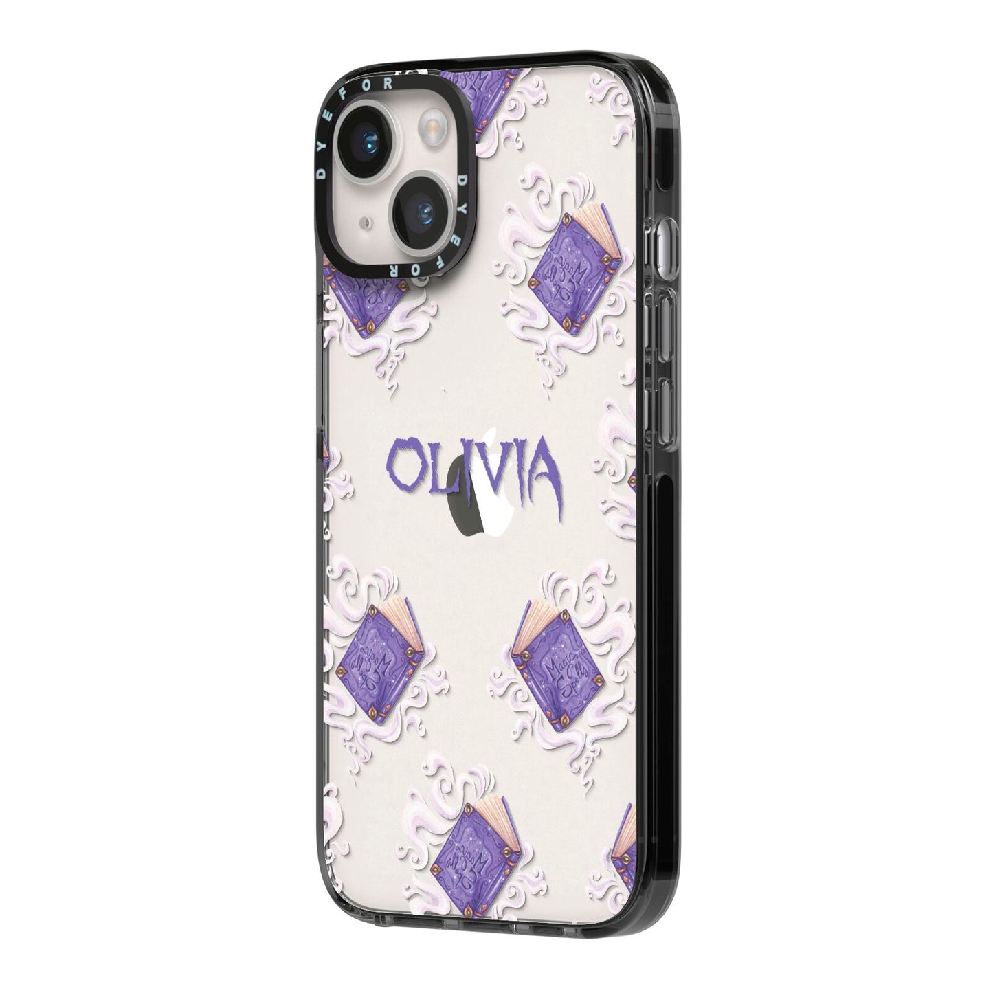 Personalised Halloween Magic Spell iPhone 14 Black Impact Case Side Angle on Silver phone