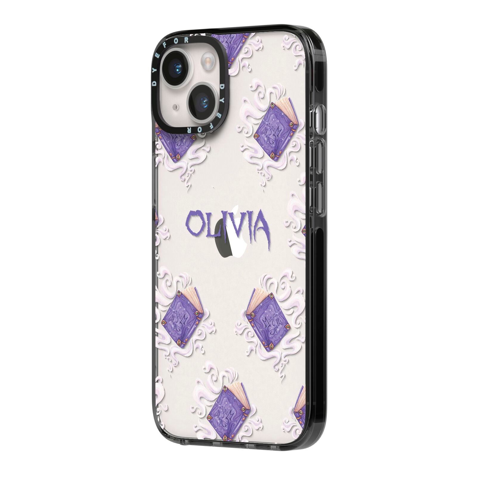 Personalised Halloween Magic Spell iPhone 14 Black Impact Case Side Angle on Silver phone