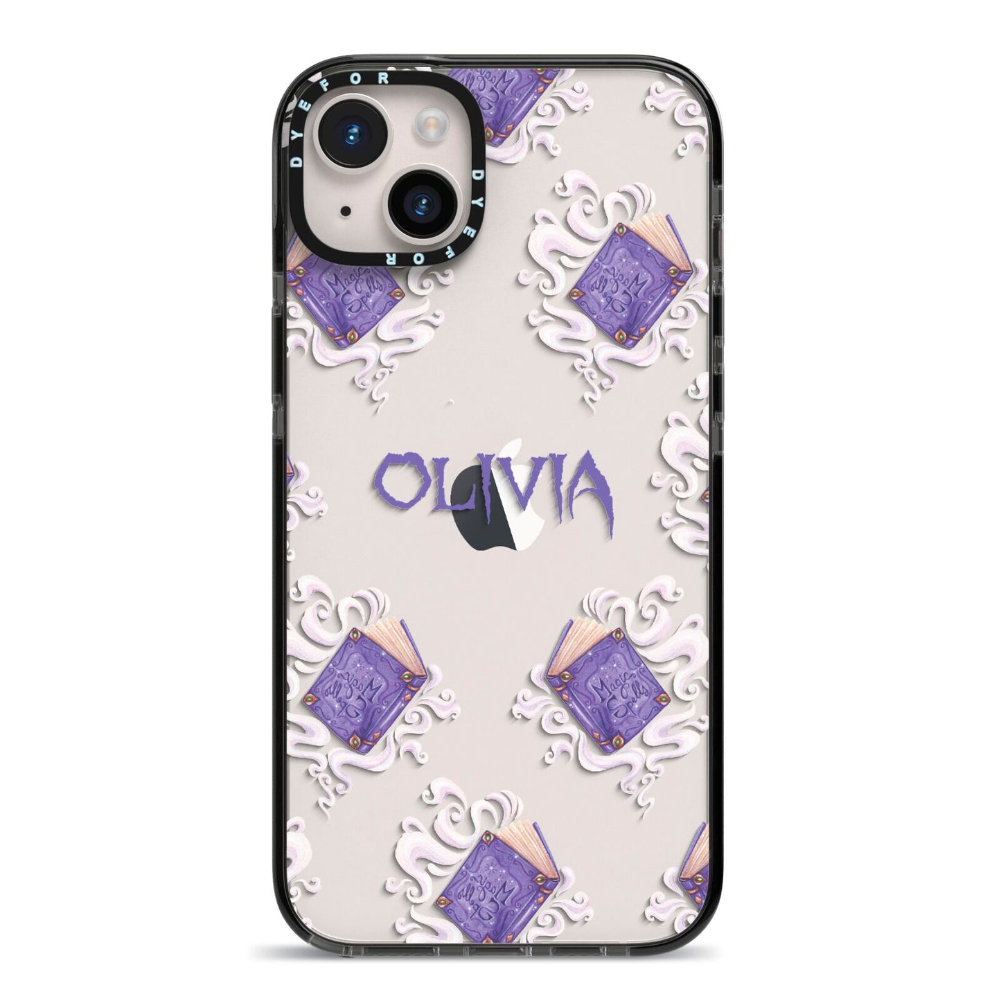 Personalised Halloween Magic Spell iPhone 14 Plus Black Impact Case on Silver phone