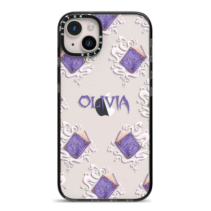 Personalised Halloween Magic Spell iPhone 14 Plus Black Impact Case on Silver phone