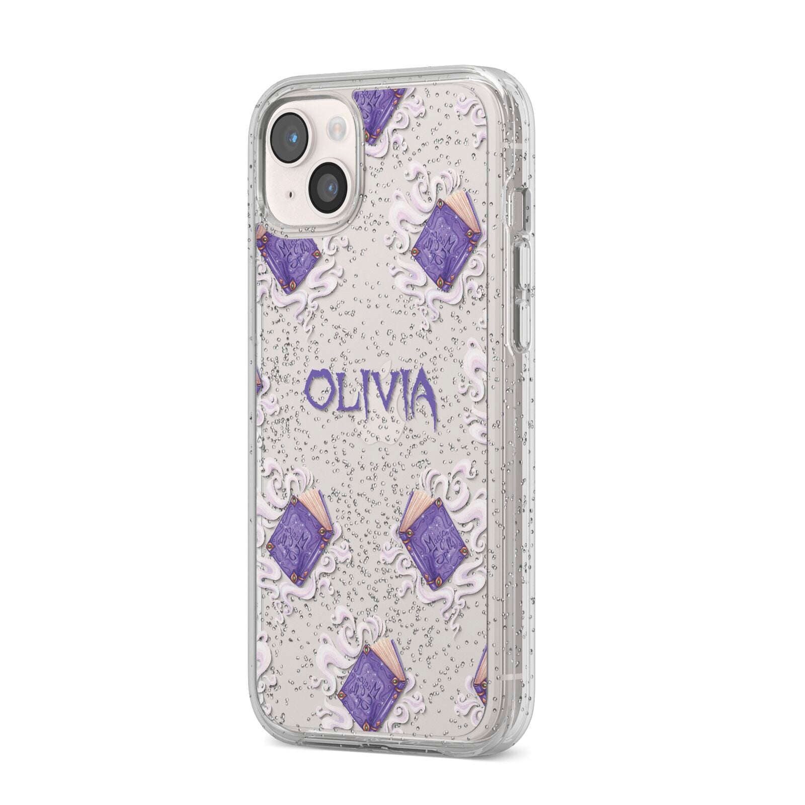 Personalised Halloween Magic Spell iPhone 14 Plus Glitter Tough Case Starlight Angled Image