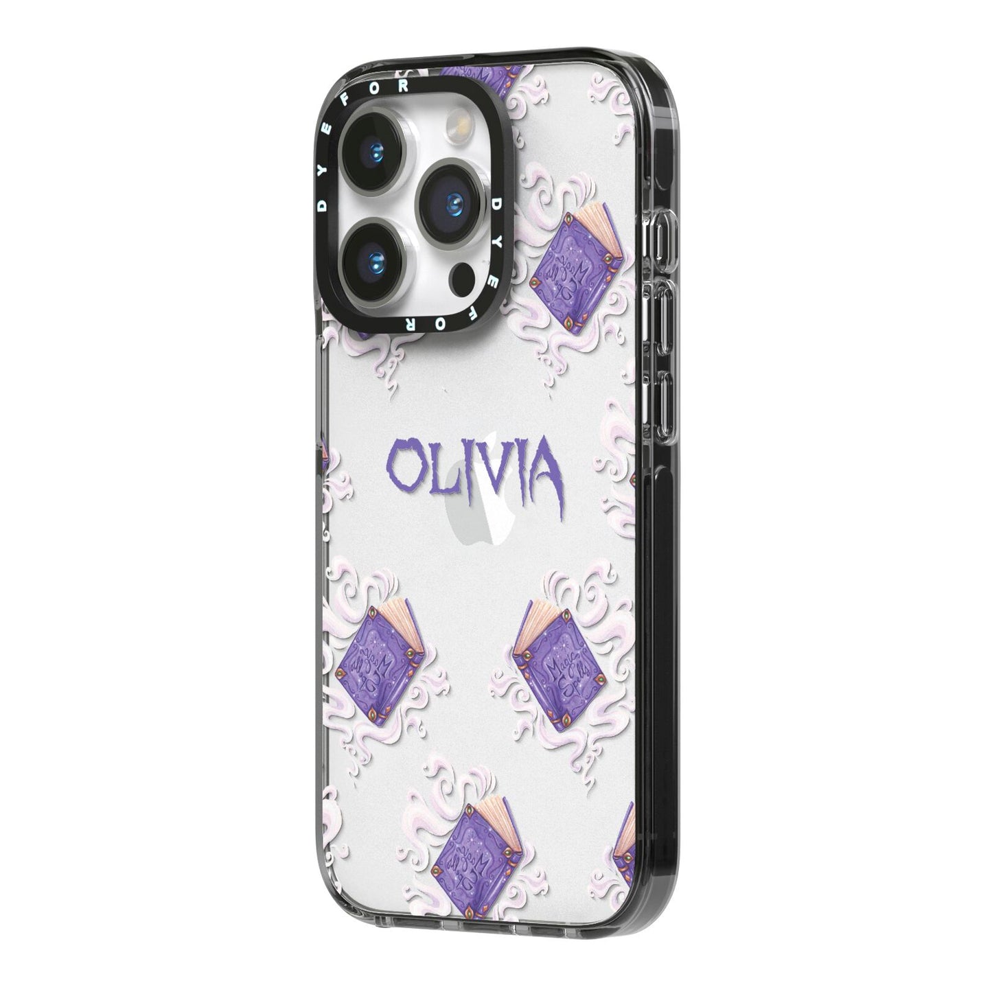 Personalised Halloween Magic Spell iPhone 14 Pro Black Impact Case Side Angle on Silver phone