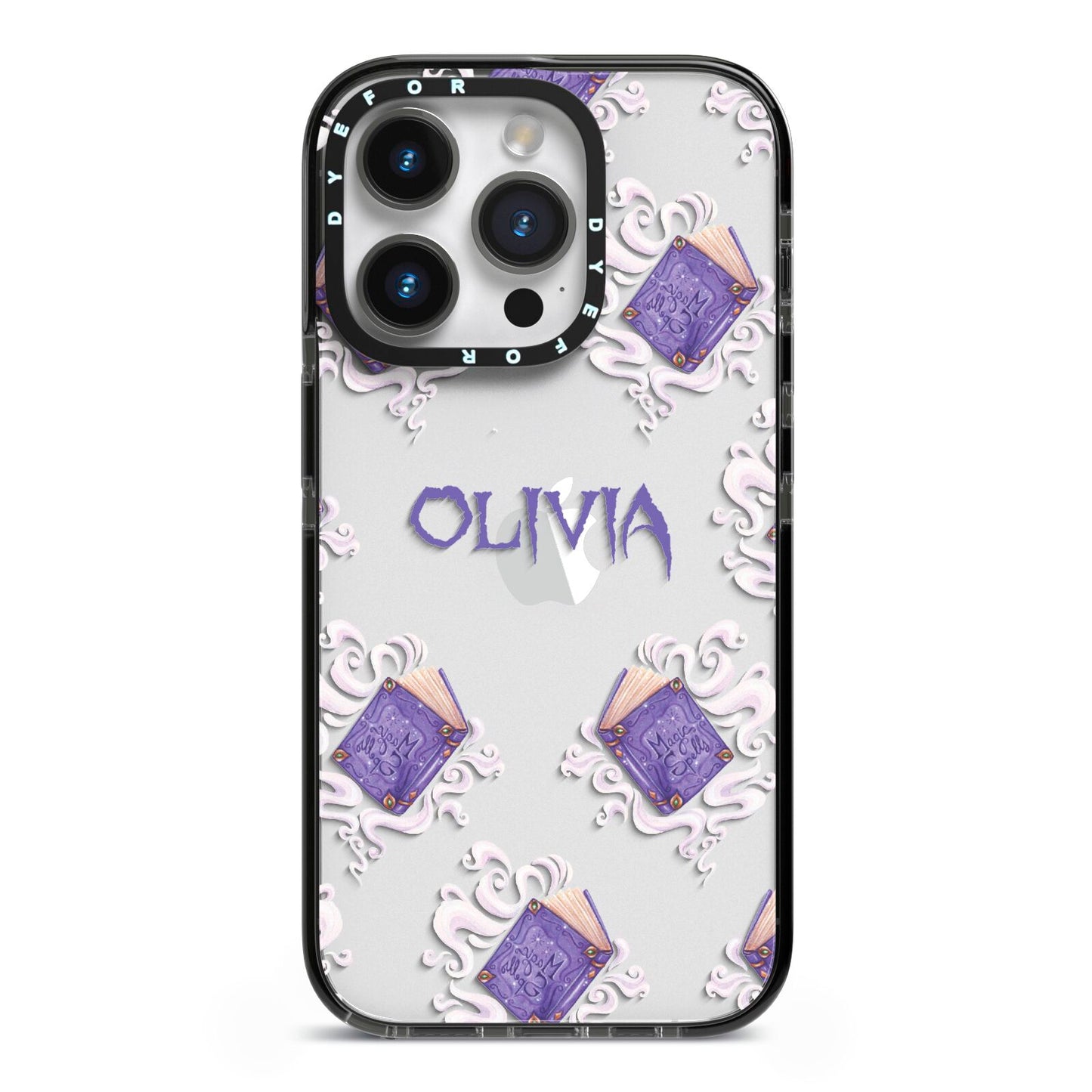 Personalised Halloween Magic Spell iPhone 14 Pro Black Impact Case on Silver phone