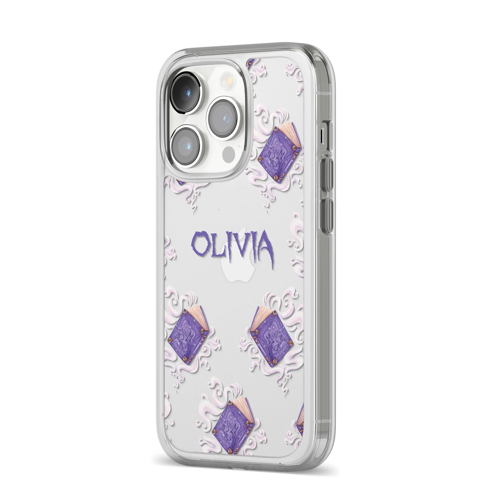 Personalised Halloween Magic Spell iPhone 14 Pro Clear Tough Case Silver Angled Image