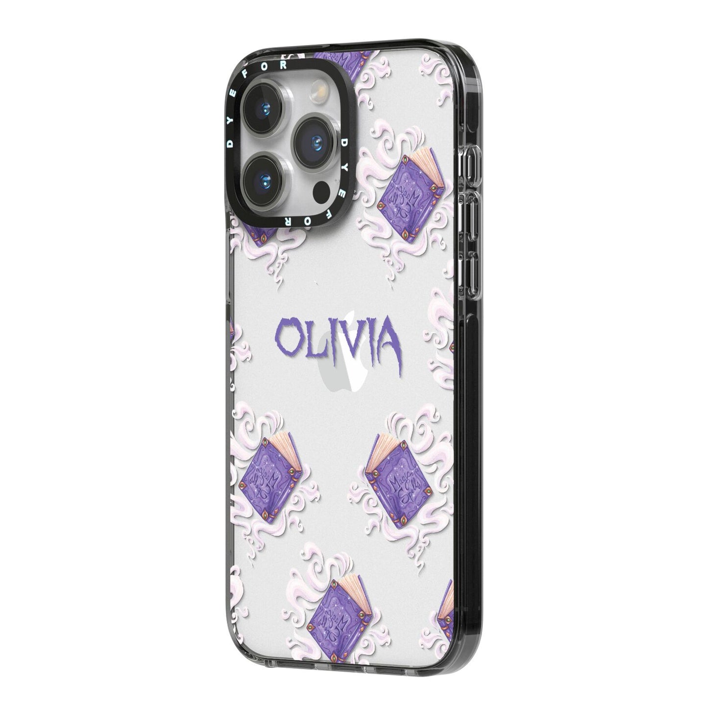 Personalised Halloween Magic Spell iPhone 14 Pro Max Black Impact Case Side Angle on Silver phone