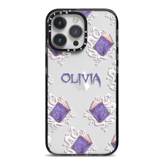 Personalised Halloween Magic Spell iPhone 14 Pro Max Black Impact Case on Silver phone