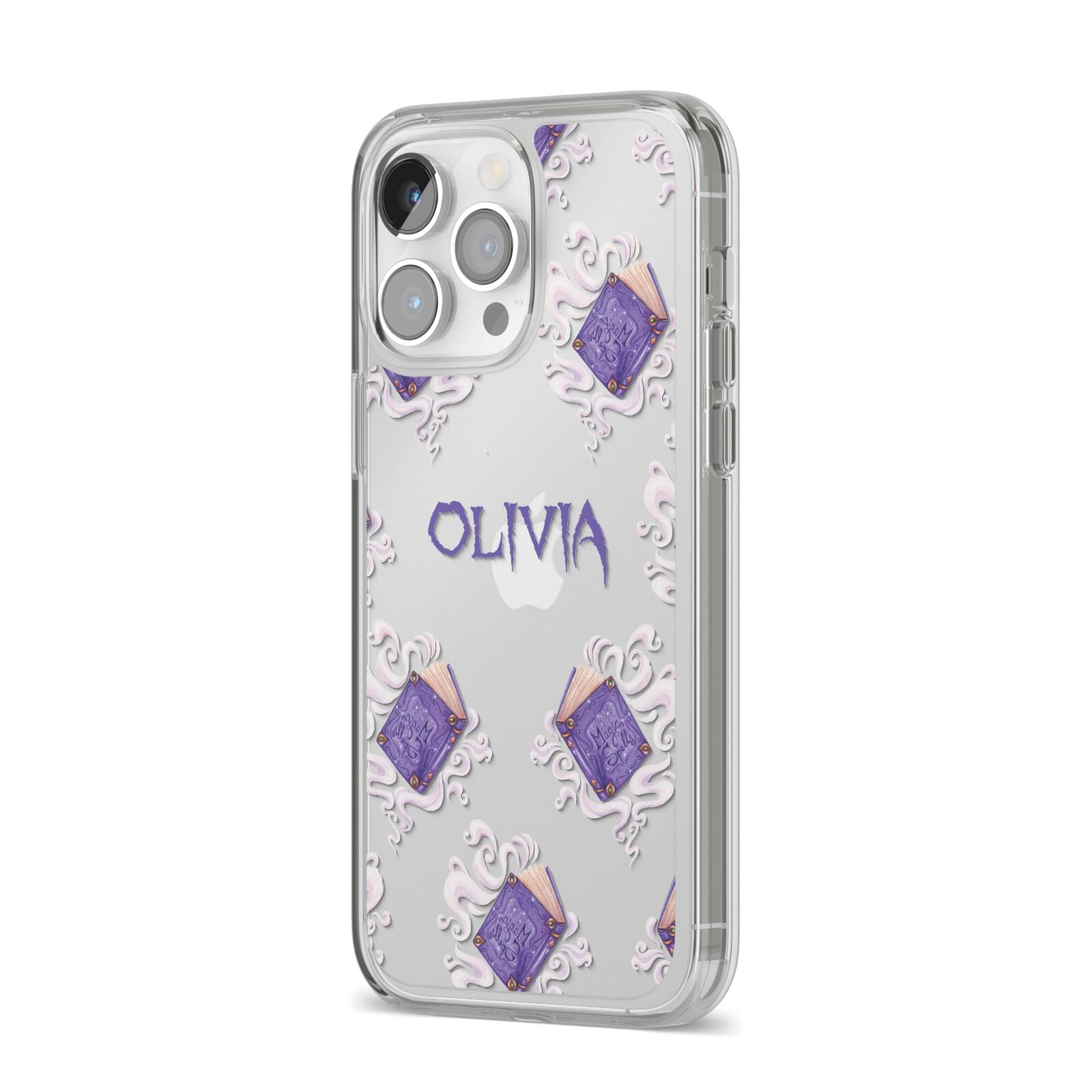 Personalised Halloween Magic Spell iPhone 14 Pro Max Clear Tough Case Silver Angled Image