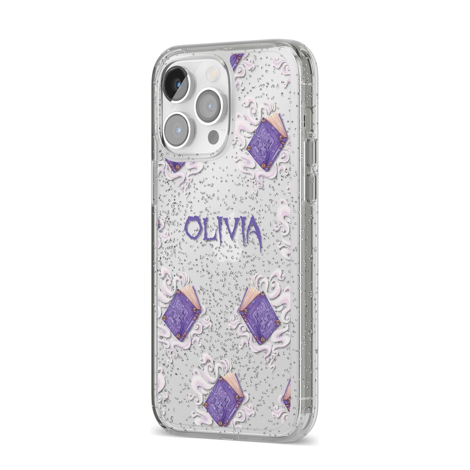 Personalised Halloween Magic Spell iPhone 14 Pro Max Glitter Tough Case Silver Angled Image