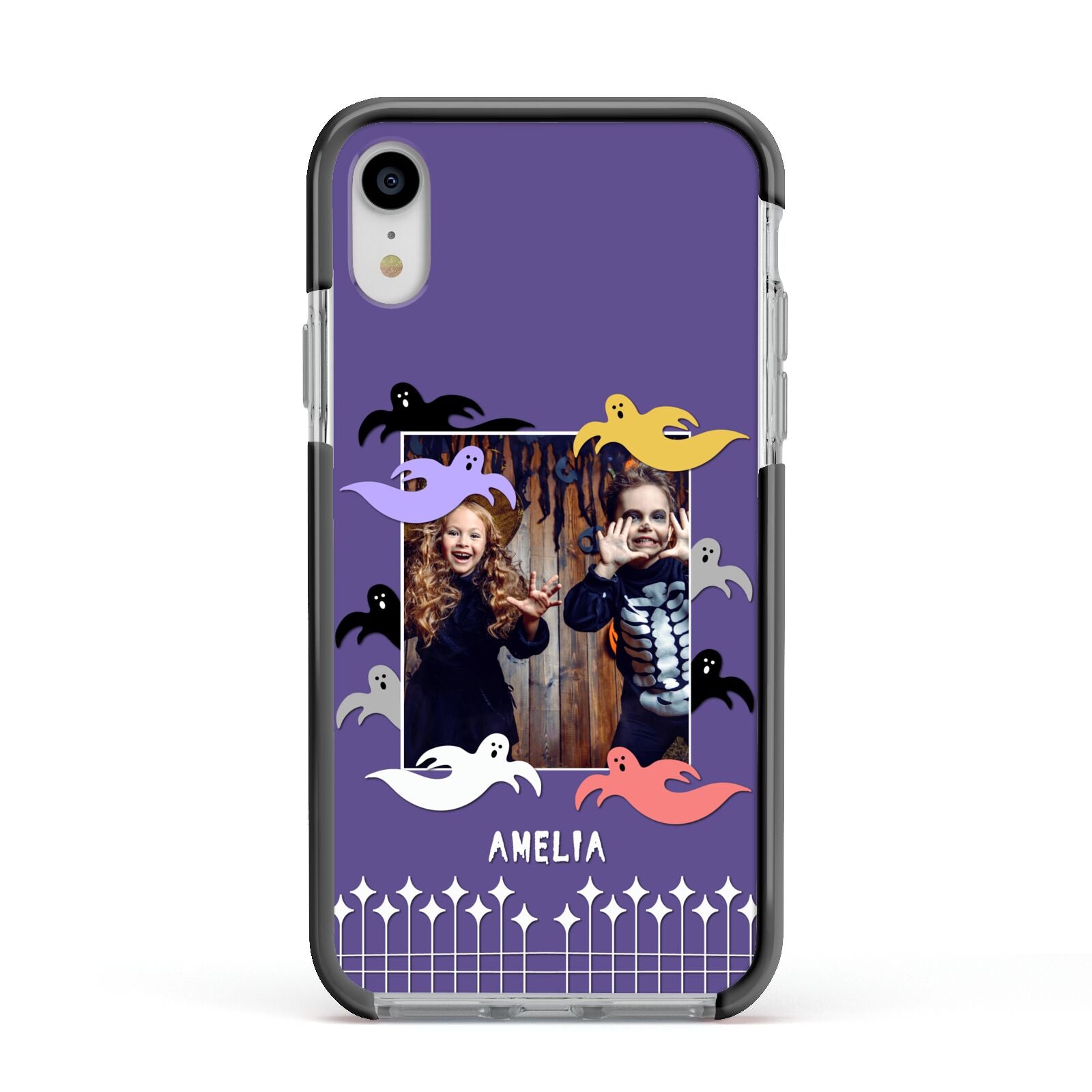 Personalised Halloween Photo Upload Apple iPhone XR Impact Case Black Edge on Silver Phone