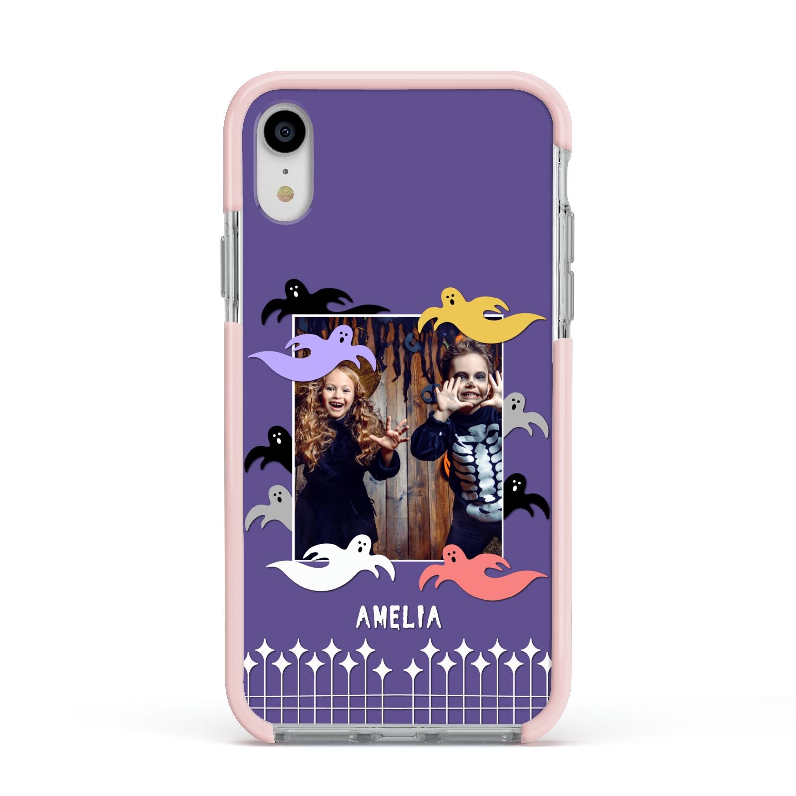 Personalised Halloween Photo Upload Apple iPhone XR Impact Case Pink Edge on Silver Phone