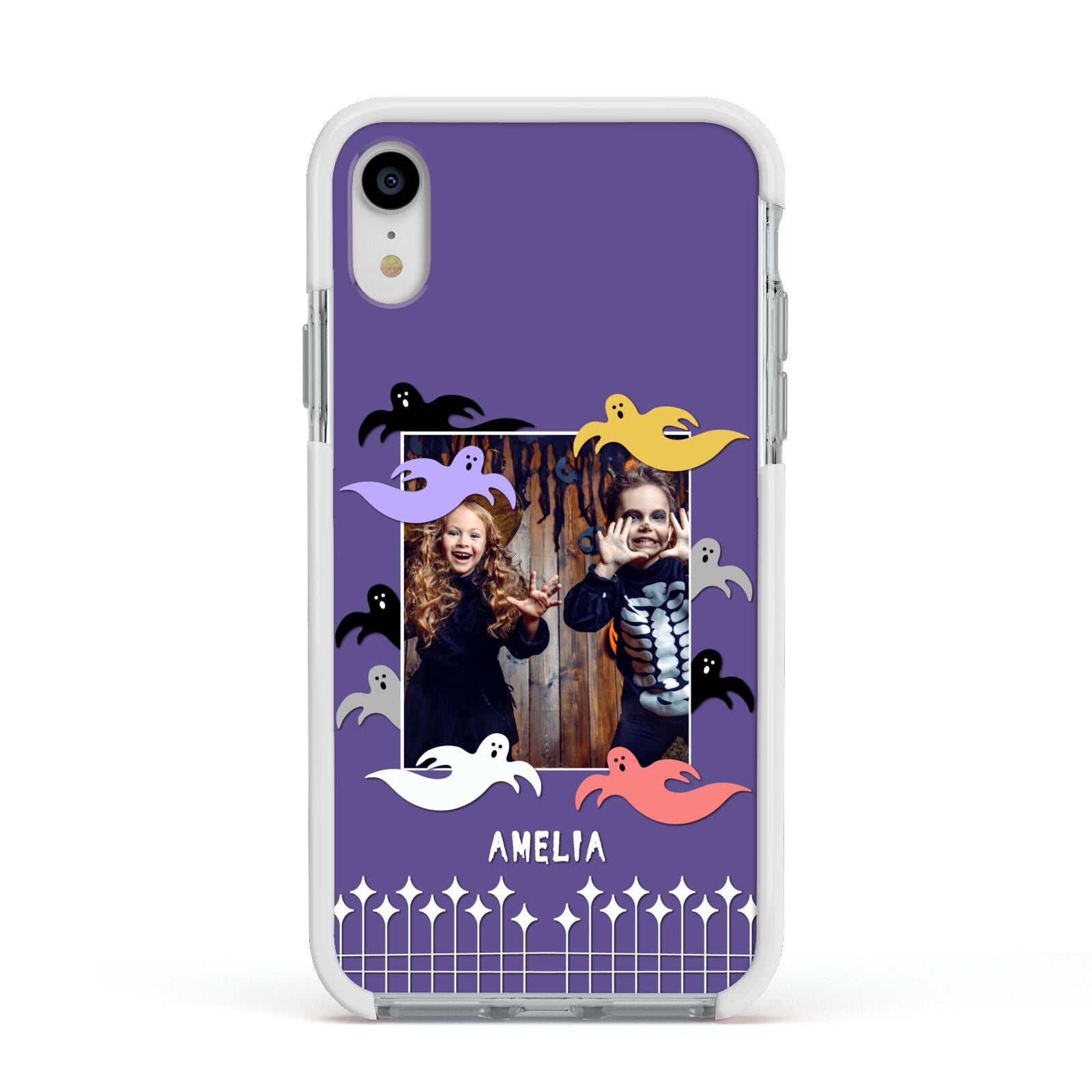 Personalised Halloween Photo Upload Apple iPhone XR Impact Case White Edge on Silver Phone
