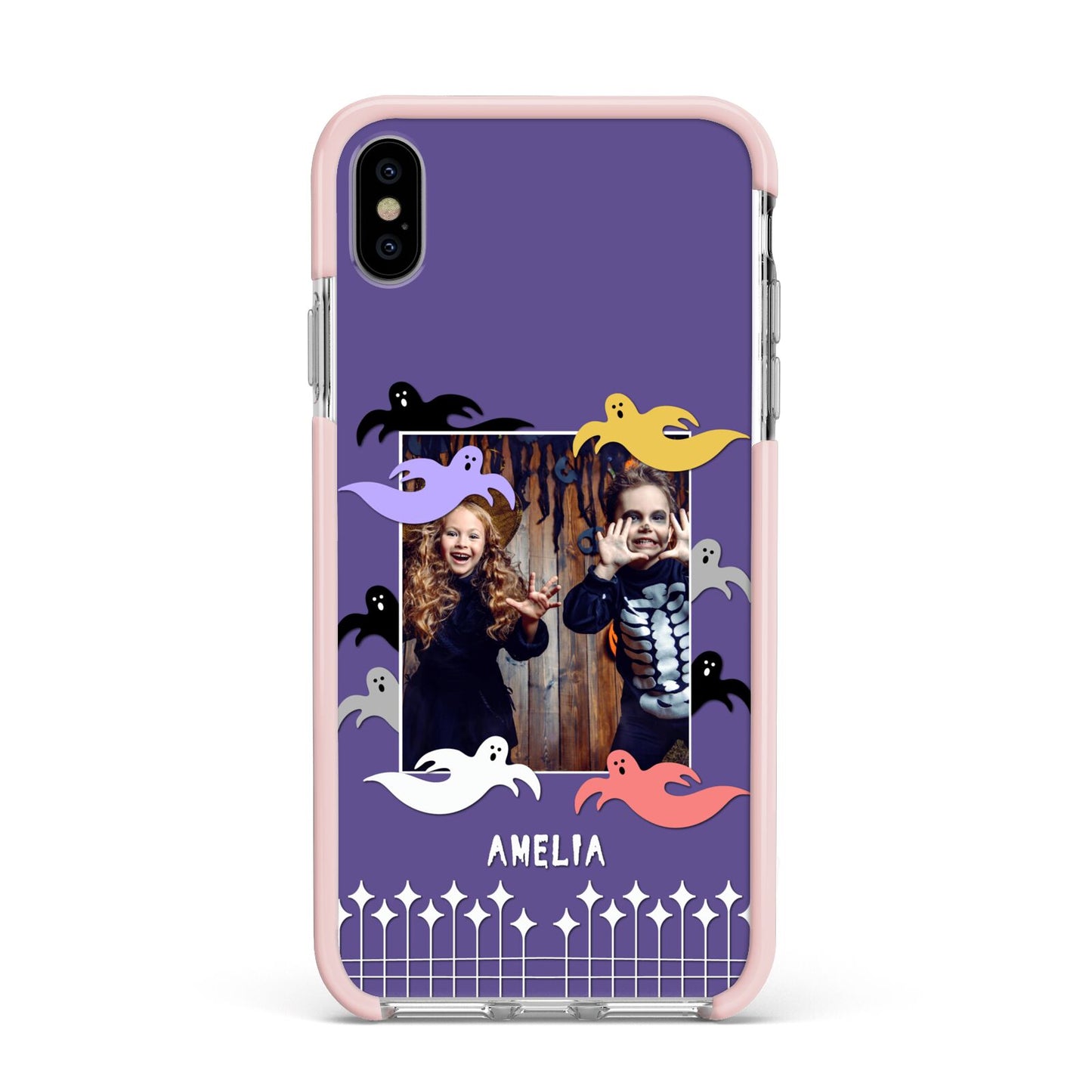 Personalised Halloween Photo Upload Apple iPhone Xs Max Impact Case Pink Edge on Silver Phone